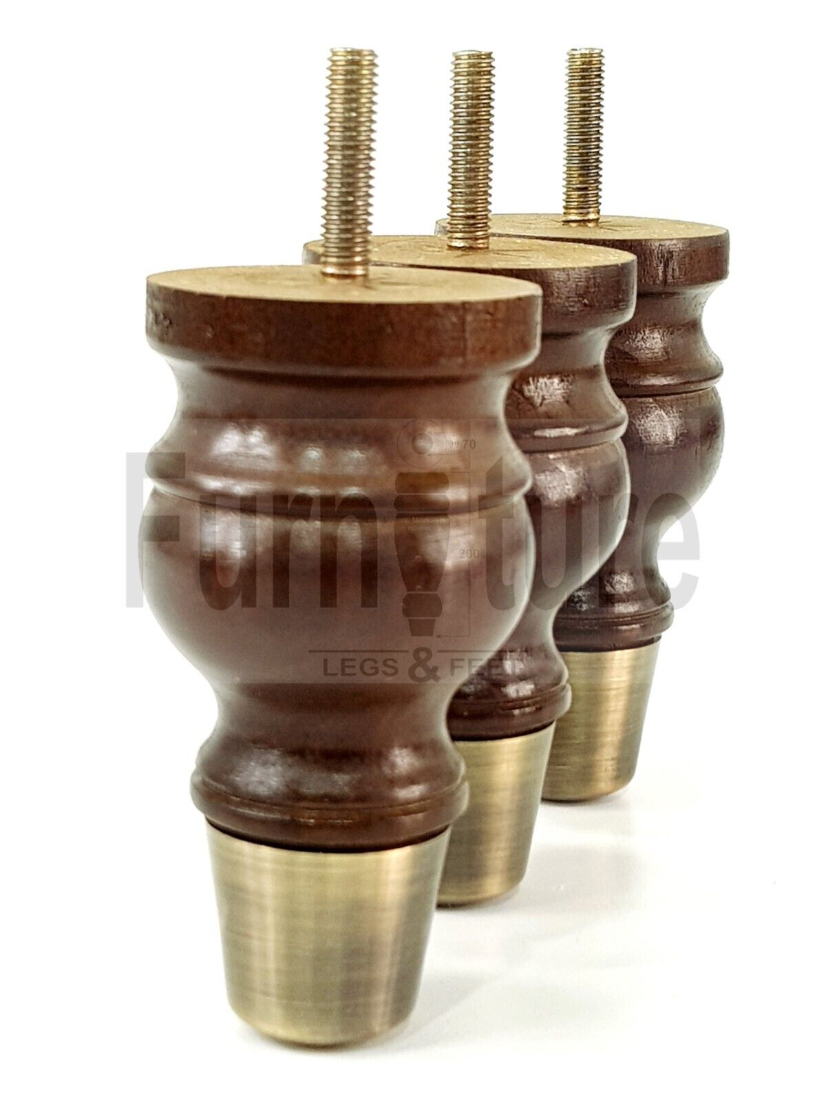 4x Turned Wooden Furniture Leg Antique Brass Slipper Cup Sofa, Chair Feet 110mm High M8