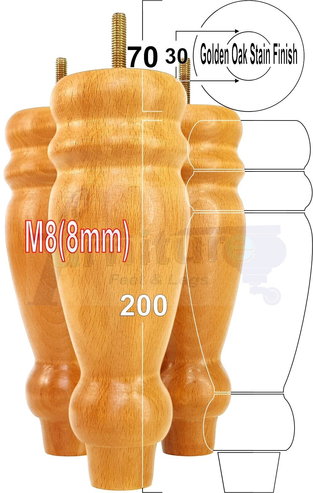 Set Of 4 Turned Furniture Legs Replacement Sofa Feet 200mm High M8 Thread