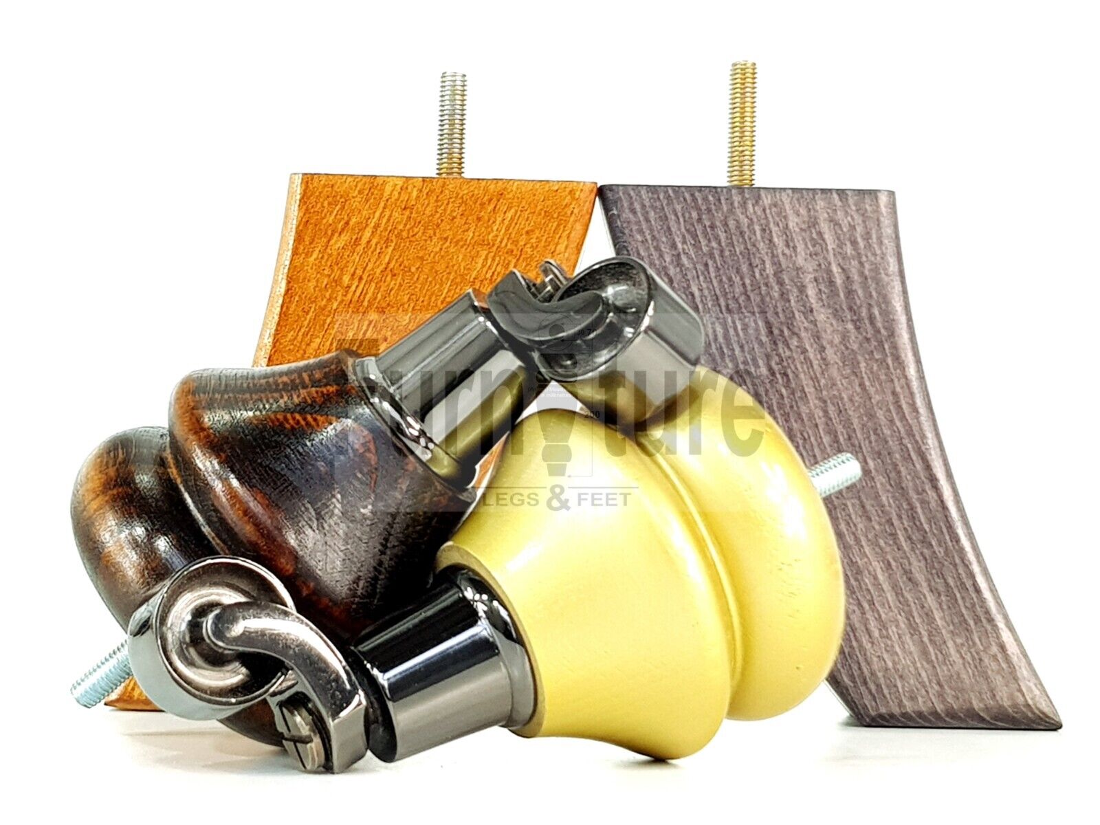 Turned Wood Furniture Feet 2 With Nickle Castor 140mm & 2 Curved Back Legs Sofas Chairs Stools Cabinets Beds M8