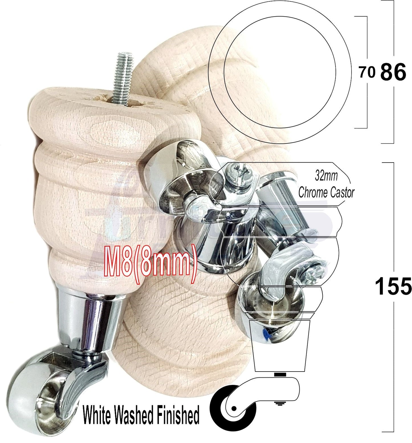 4 Turned Wood Furniture Feet With Chrome Castors 155mm Legs Sofas Chairs Stools Cabinets Beds M8 6 Inches