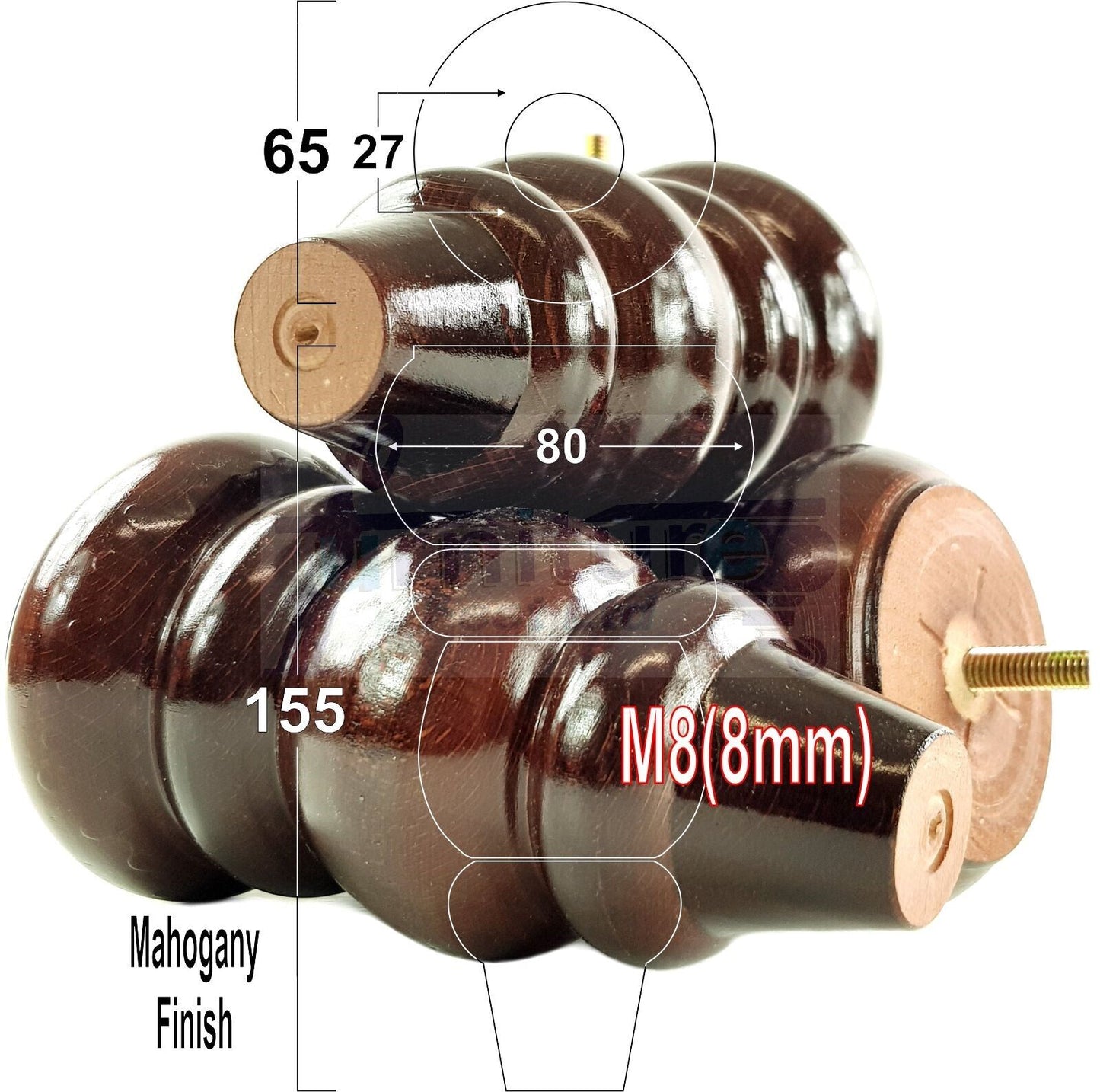 4 Solid Turned Wood Furniture Sofa Leg M8 Chair Settee Footstool Feet 155mm High
