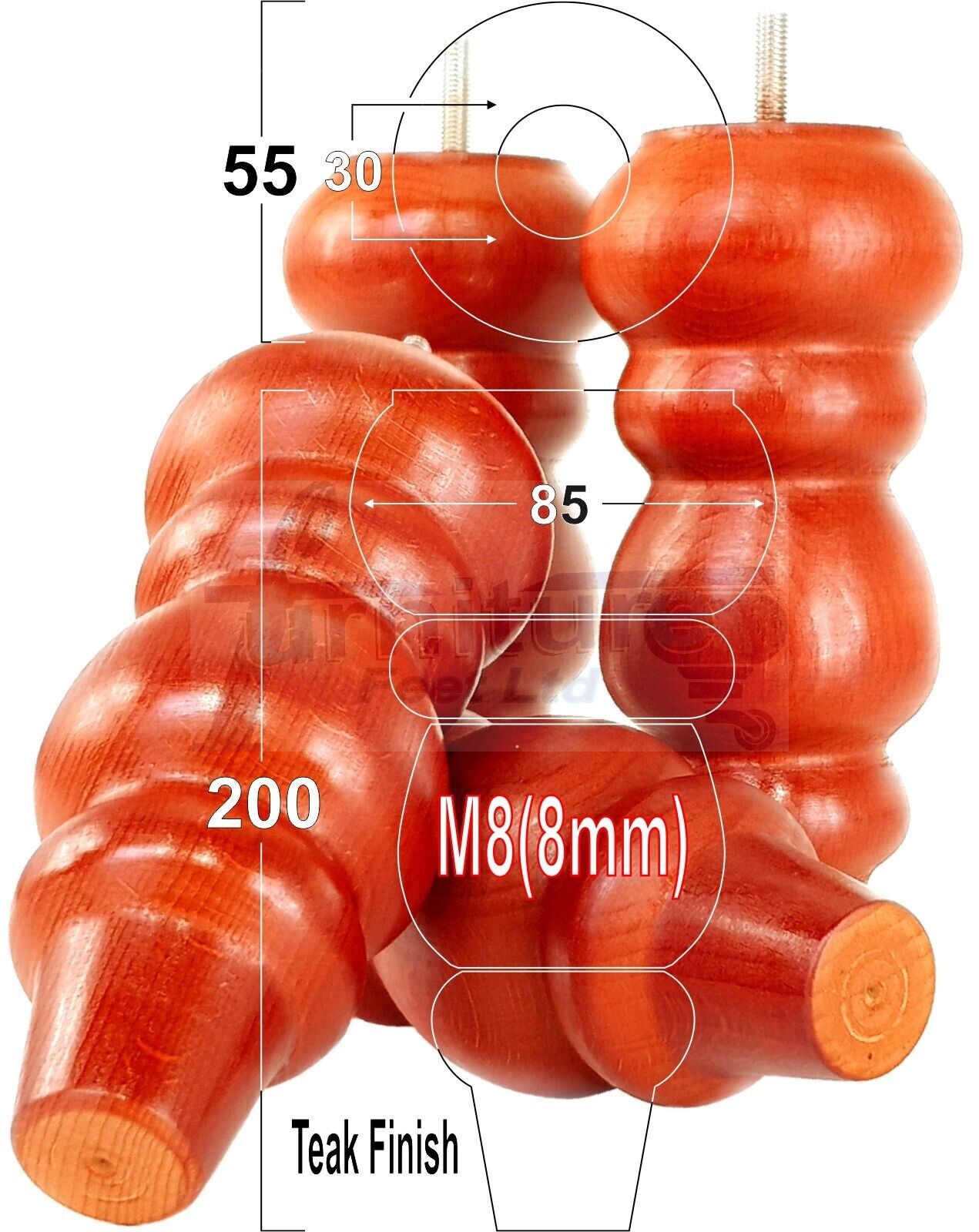 Solid Wood Furniture Feet Replacement Turned Legs 200mm High Chairs Stools Sofa's Beds Settee Cabinets M8 Various Colours Set of 4