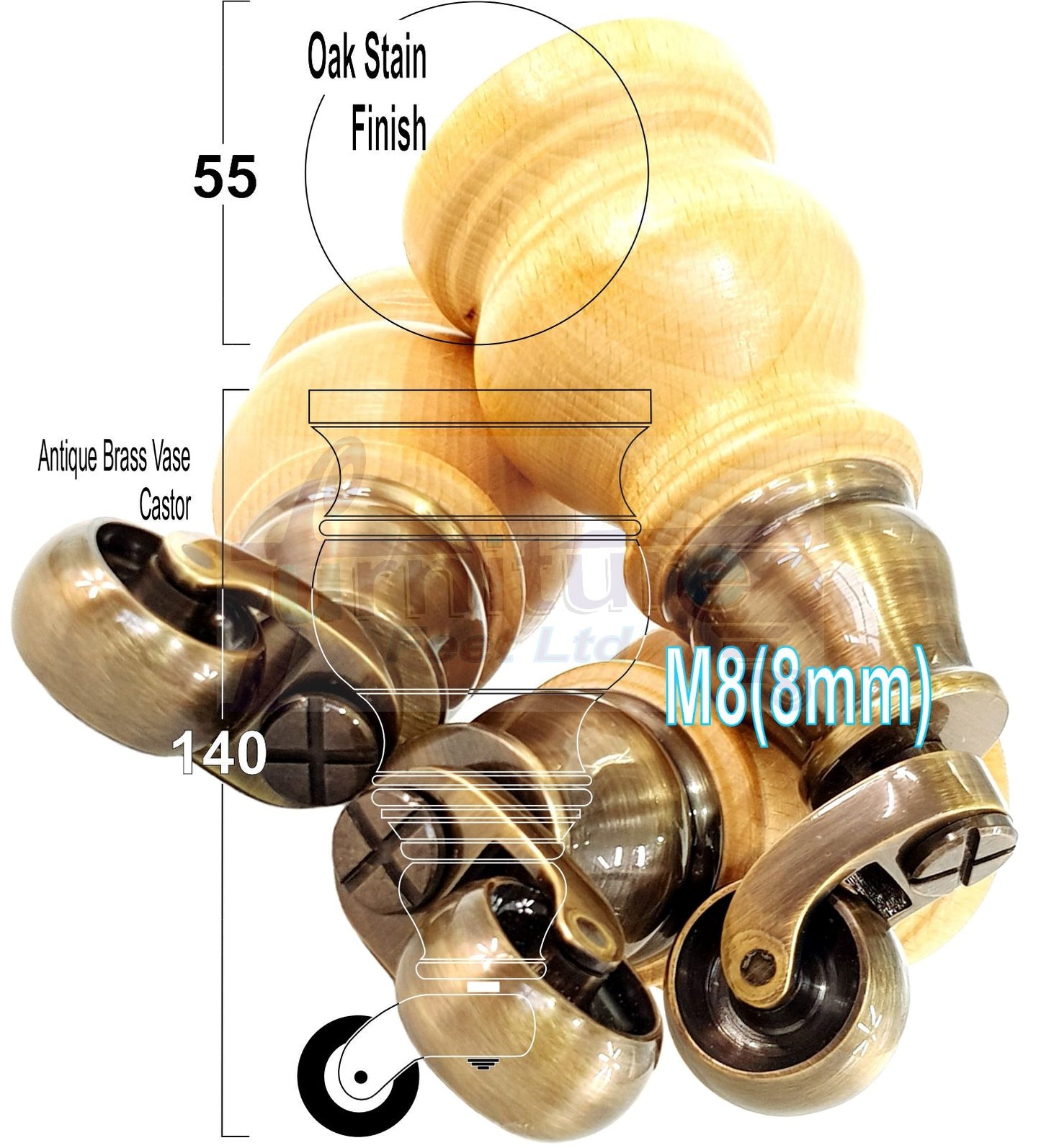 Set Of 4 Turned Wood Furniture Legs With 150mm High Castor 8mm Thread For Chairs Settees & Cabinets Oak Stain Finish