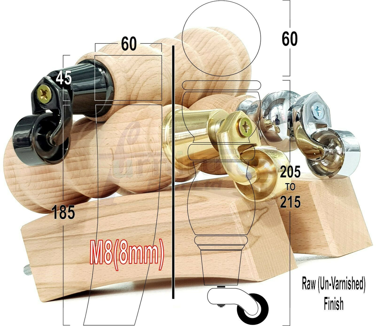 2x Wood Furniture Castor Settee Feet & 2x Curved Legs 8mm Thread 205mm High Raw (Un-Varnished) For Sofas Chairs Stools Cabinets & Beds