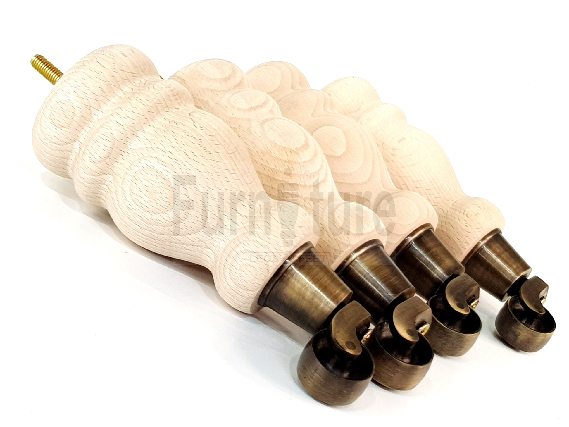 Set Of 4 Wooden Turned Replacement Furniture Legs 200mm High With Antique Brass Castor Wheels 8mm Thread
