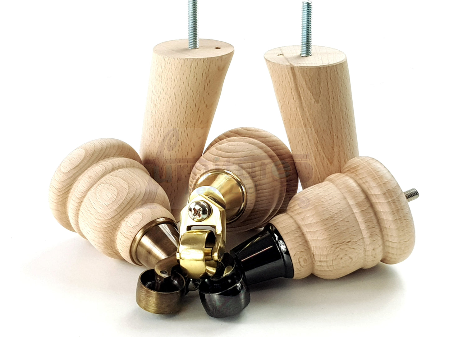 Turned Raw Solid Wood Replacement Furniture Legs 2x with Castors and 2x Curved Back Feet 8mm Dowl Fixing 6 Inches 165mm High
