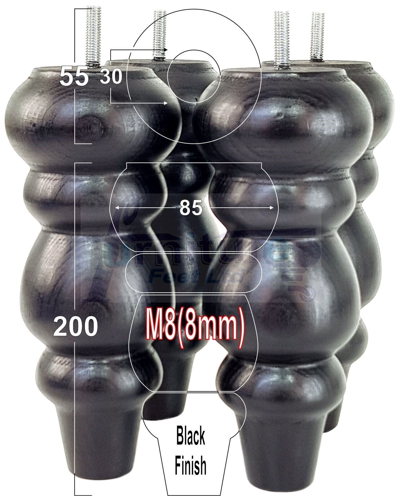 4 Solid Wood Furniture Legs Replacement Turned Feet 200mm High M8(8mm) Thread: Black