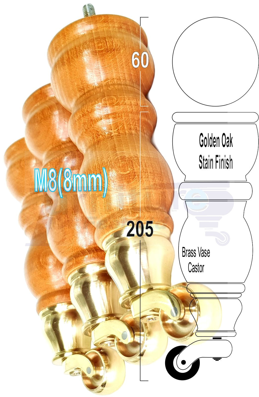 Solid Wood Furniture Feet With Castors Set of 4 Legs 205mm High For Sofas Chairs Stools Cabinets & Beds M8