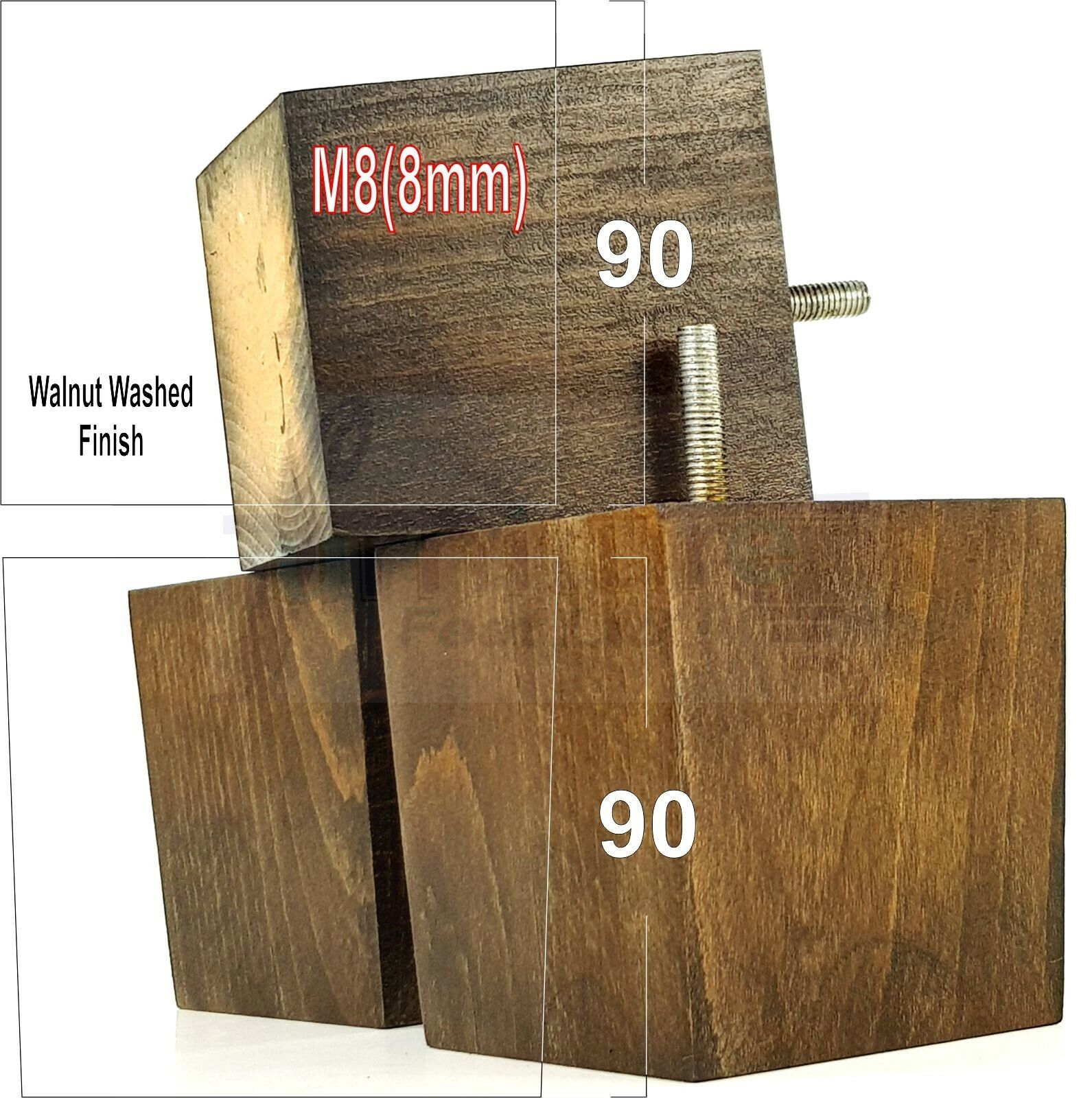 4x Solid Wood Square Feet Replacement Block Legs 90mm High Furniture Chairs Stools Sofa Beds Settee Cabinets 8mm Thread