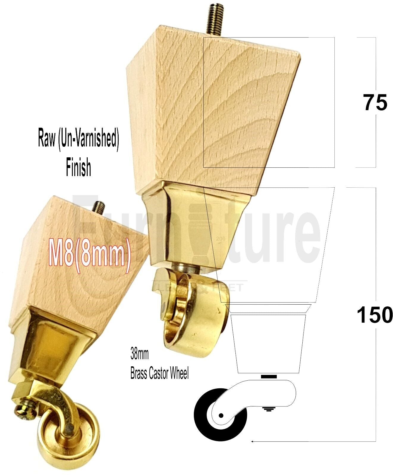 4x Block Wood Furniture Legs With Brass Castors For Sofa Chairs Settees 8mm Thread 150mm High