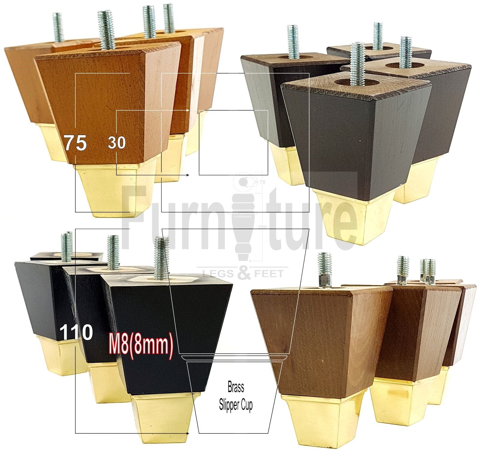 4x Block Wood With A Brass Slipper Cup Furniture Chair Settee Legs M8 Sofa Feet 110mm