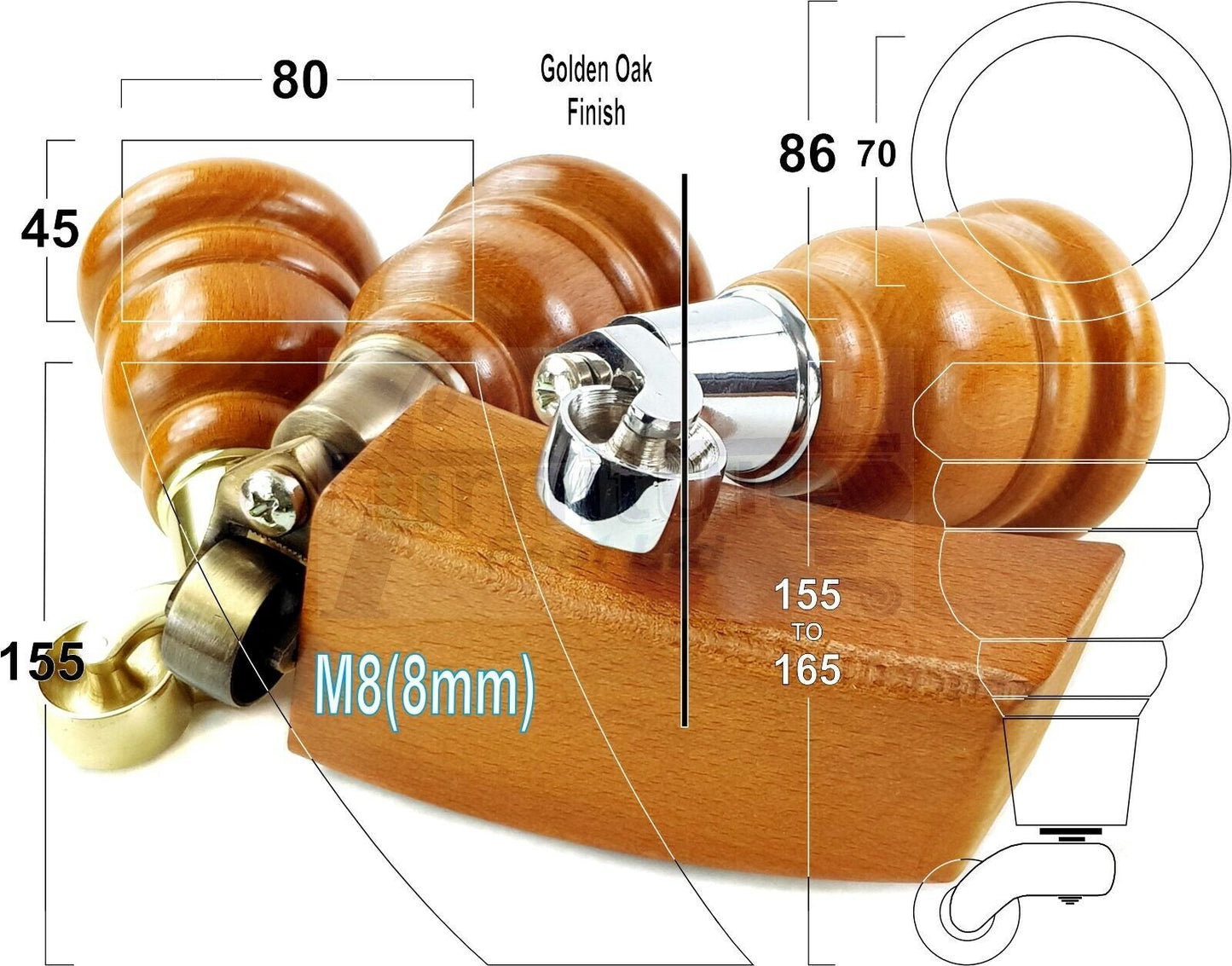 Turned Wood Furniture Feet Golden Oak 2 With Castors 155mm and 2 Curved Back Legs Sofas Chairs Stools Cabinets Beds M8 6 Inches