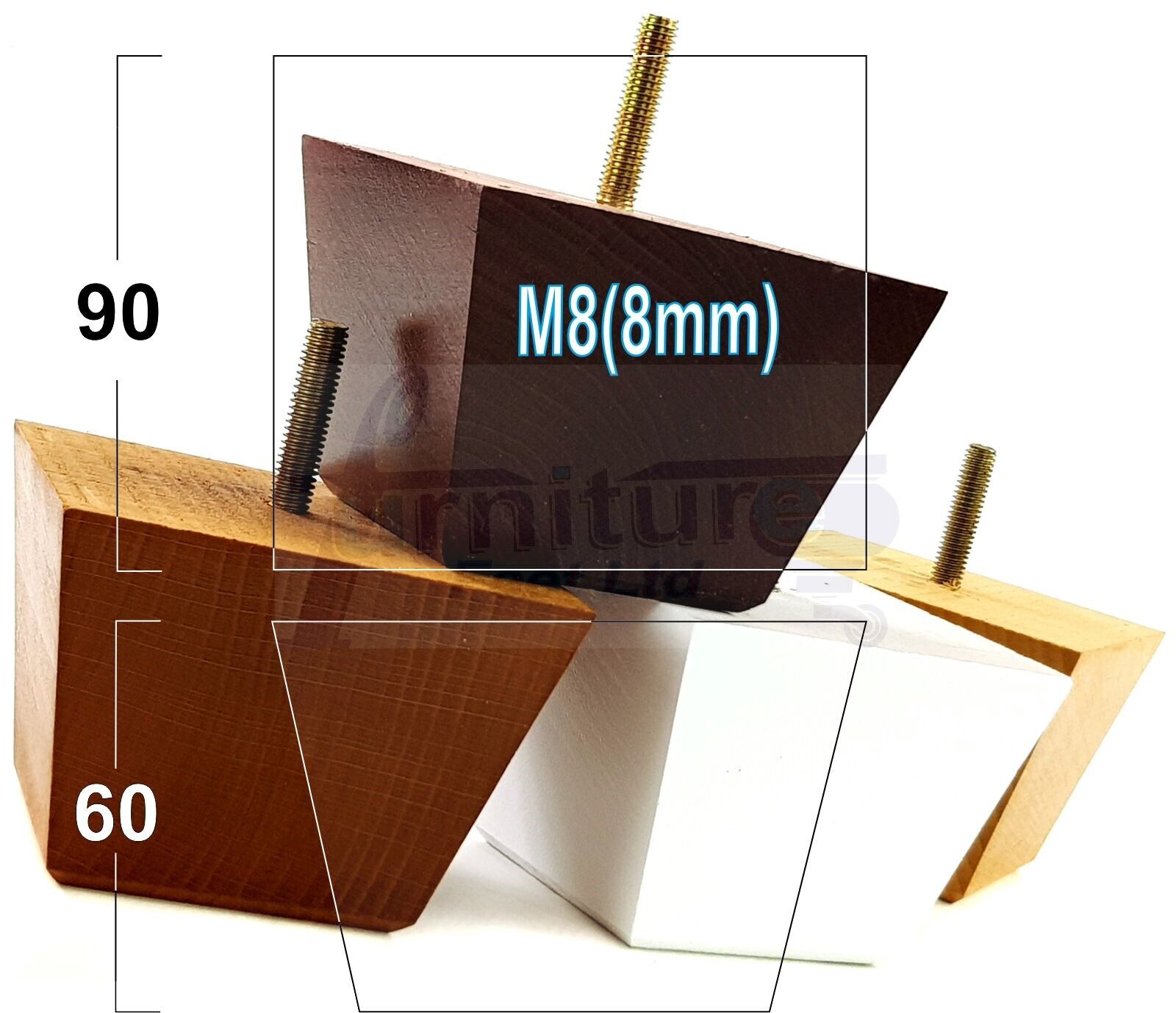 4x Square Wood Sofa Legs 60mm High Replacement Furniture Feet Chairs Cabinets M8 