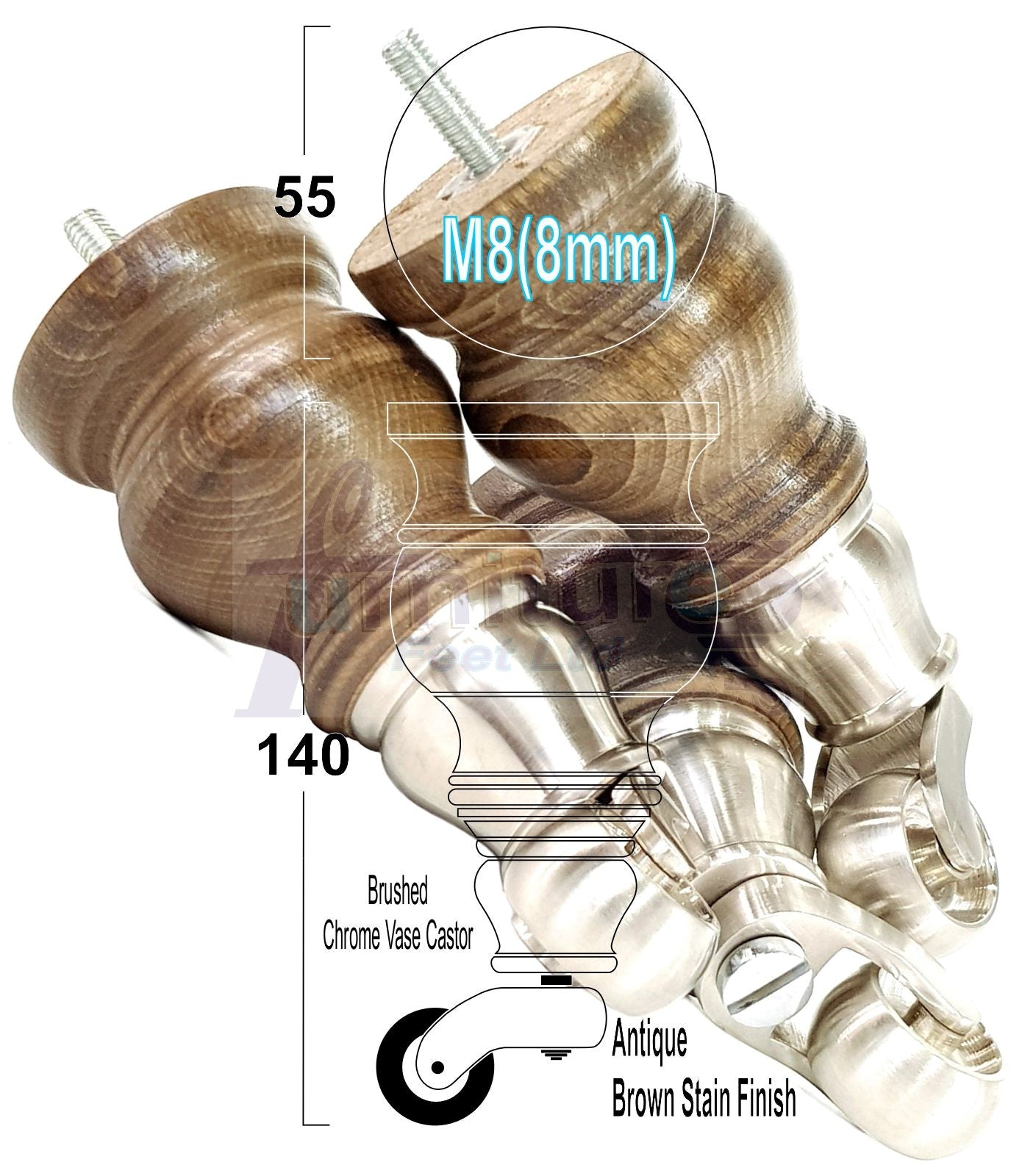 Set Of 4 Turned Wood Furniture Legs With Brushed Chrome Castor 140mm High M8(8mm) For Chairs Settees & Cabinets