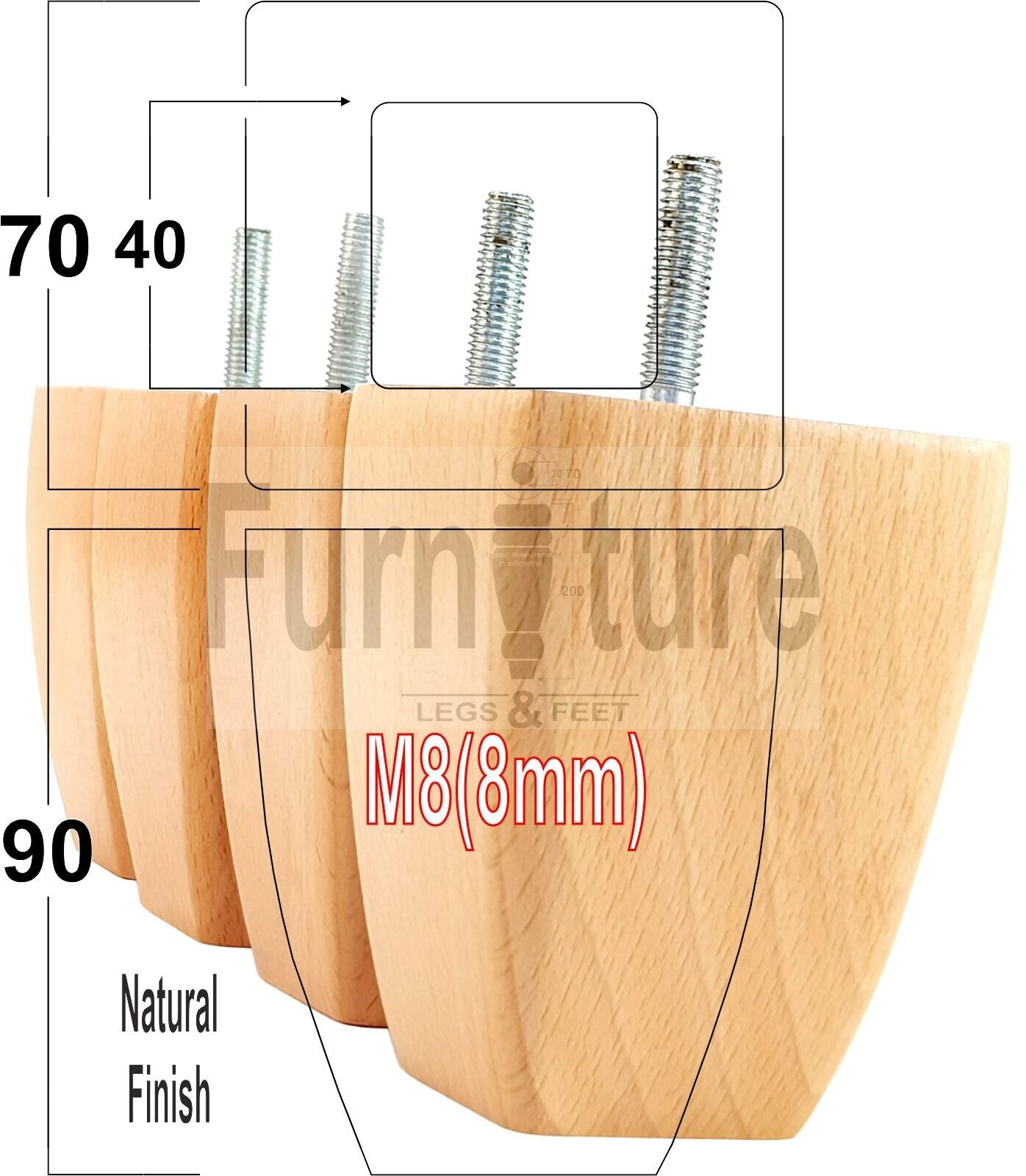 Set Of 4 Solid Wooden Block Furniture Feet Replacement Legs 90mm High M8(8mm)