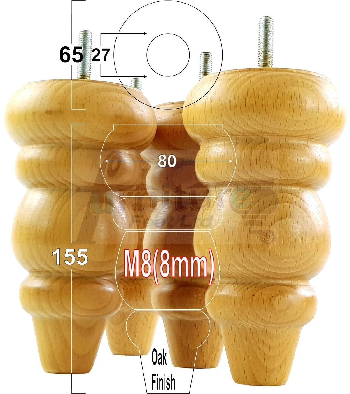 4 Solid Wood Turned Furniture Legs Round Repalcement Chair, Settee Feet 155mm 8mm Thread