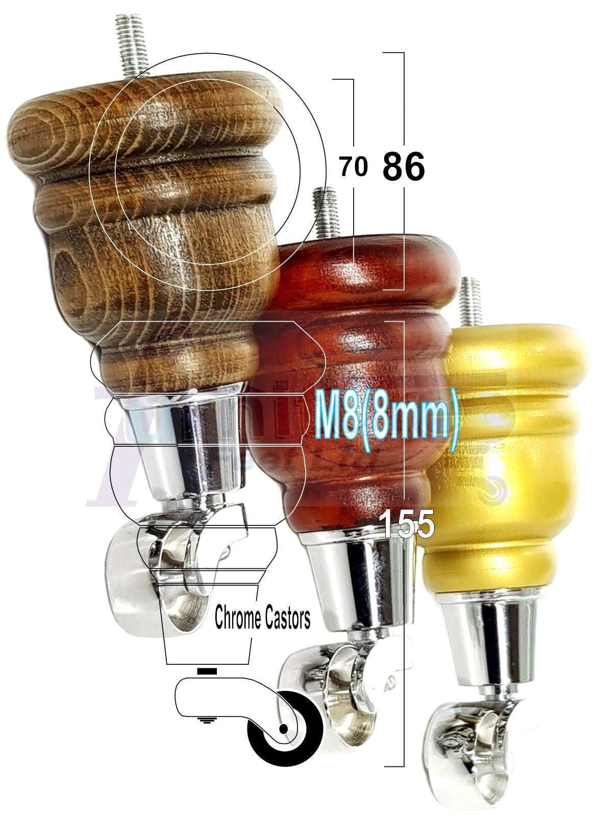 4 Turned Wood Furniture Feet With Chrome Castors 155mm Legs Sofas Chairs Stools Cabinets Beds M8 6 Inches