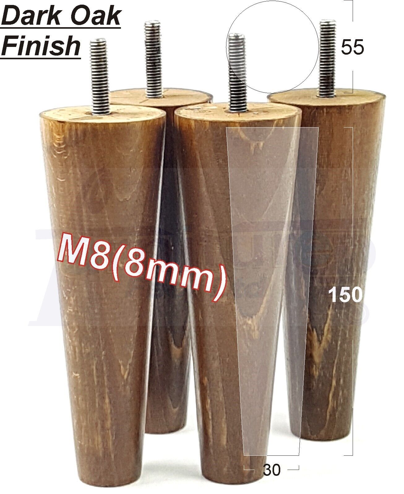 Modern Turned Solid Wood Furniture Feet 150mm High Mid Century Retro Tapered Replacement Legs M8 Set of 4 Sofa Chairs Stools Cabinets Beds