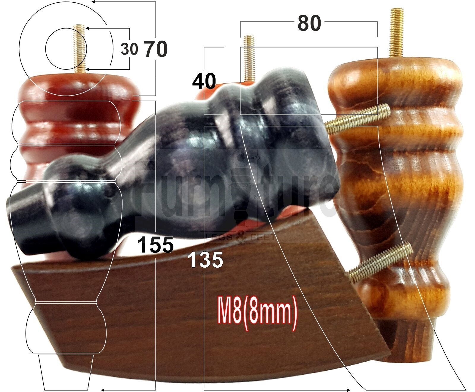 2x Turned Wood Furniture Feet 155mm and 2 Curved Back Legs Sofas Chairs Beds M8 Thread 6 Inches
