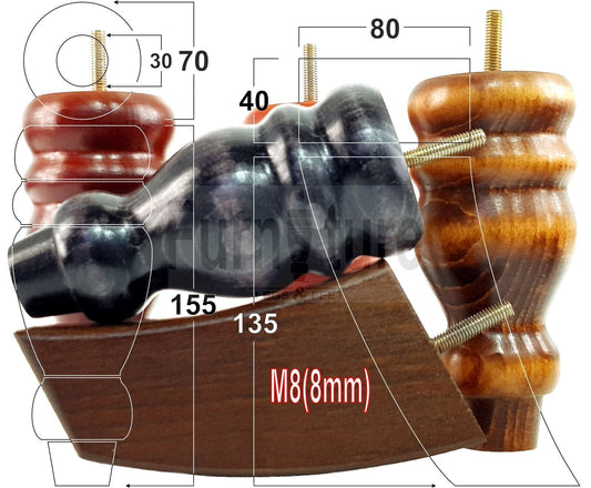 2x Turned Wood Furniture Feet 155mm and 2 Curved Back Legs Sofas Chairs Beds M8 Thread 6 Inches