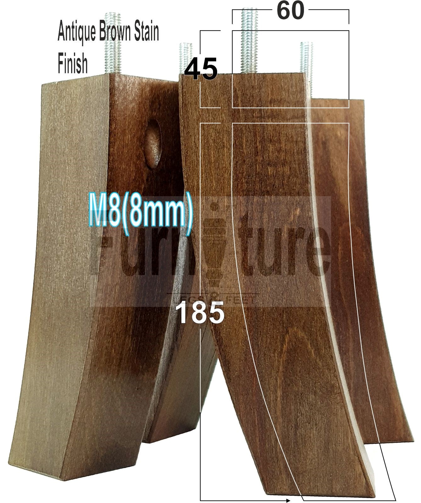 Set Of 4 Solid Wood Curved Furniture Feet Replacement Legs 185mm High M8(8mm)
