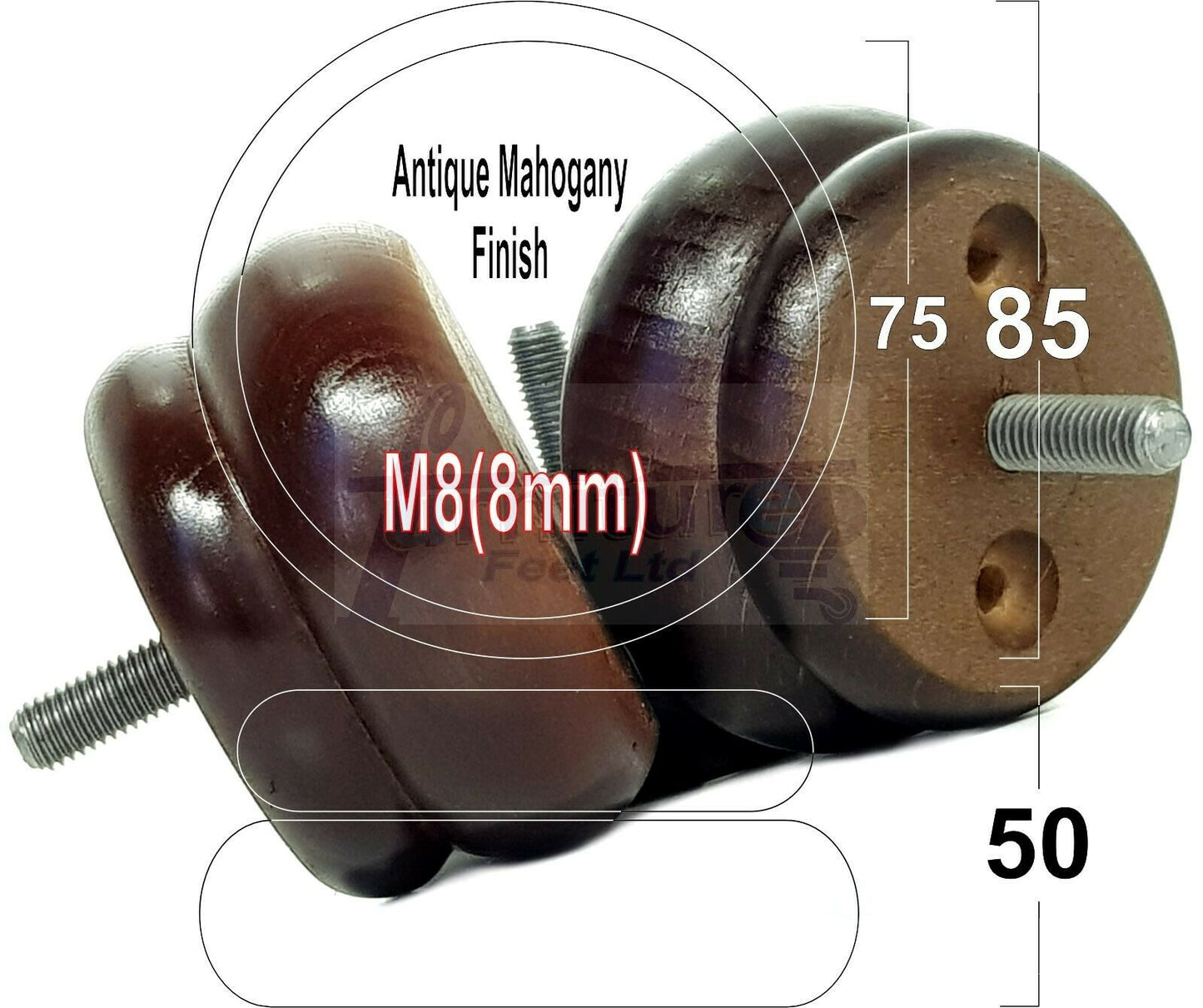 Set Of 4 Turned Wooden Furniture Legs Replacement Bun Feet 50mm High 8mm Thread