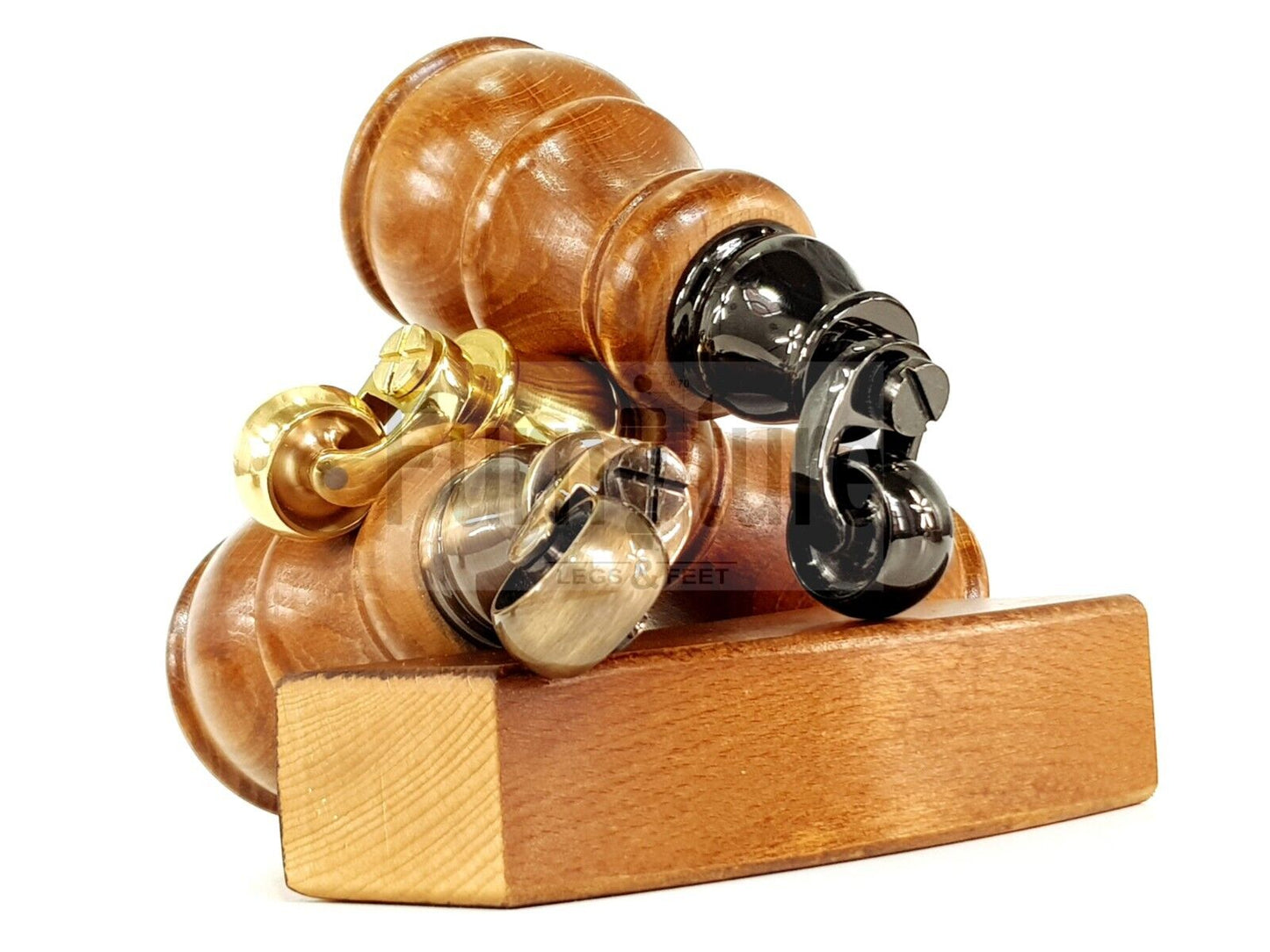 2 Wooden Castor Furniture Sofa Legs & 2 Curved Back Feet  Dark Oak Stain M8 Chair Settee Feet 160mm High