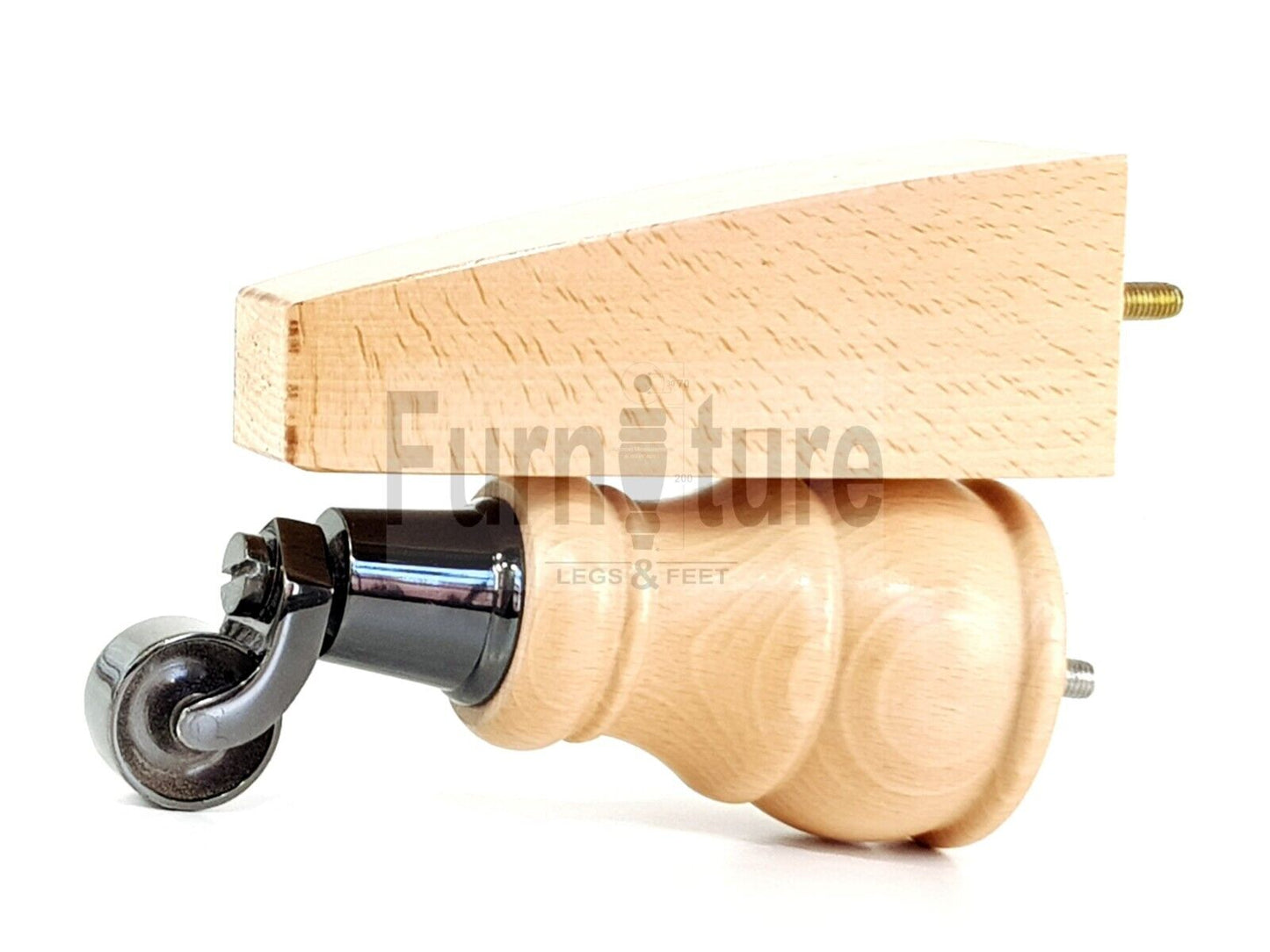2 Wooden Castor Furniture Sofa Legs & 2 Curved Back Feet  Natural M8 Chair Settee Feet 160mm High