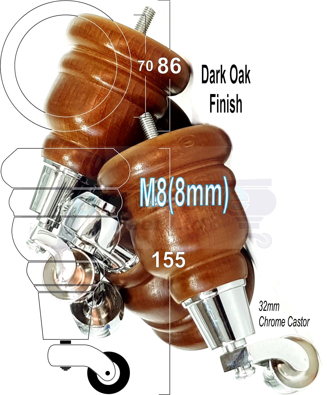 4 Turned Wood Furniture Feet With Chrome Castors 155mm Legs Sofas Chairs Stools Cabinets Beds M8 6 Inches