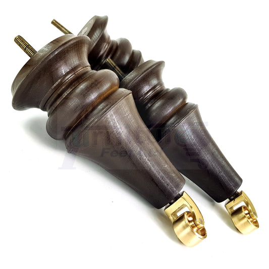 4x Turned Furniture Legs With Brass Castors 180mm High M8(8mm) Replacement Feet