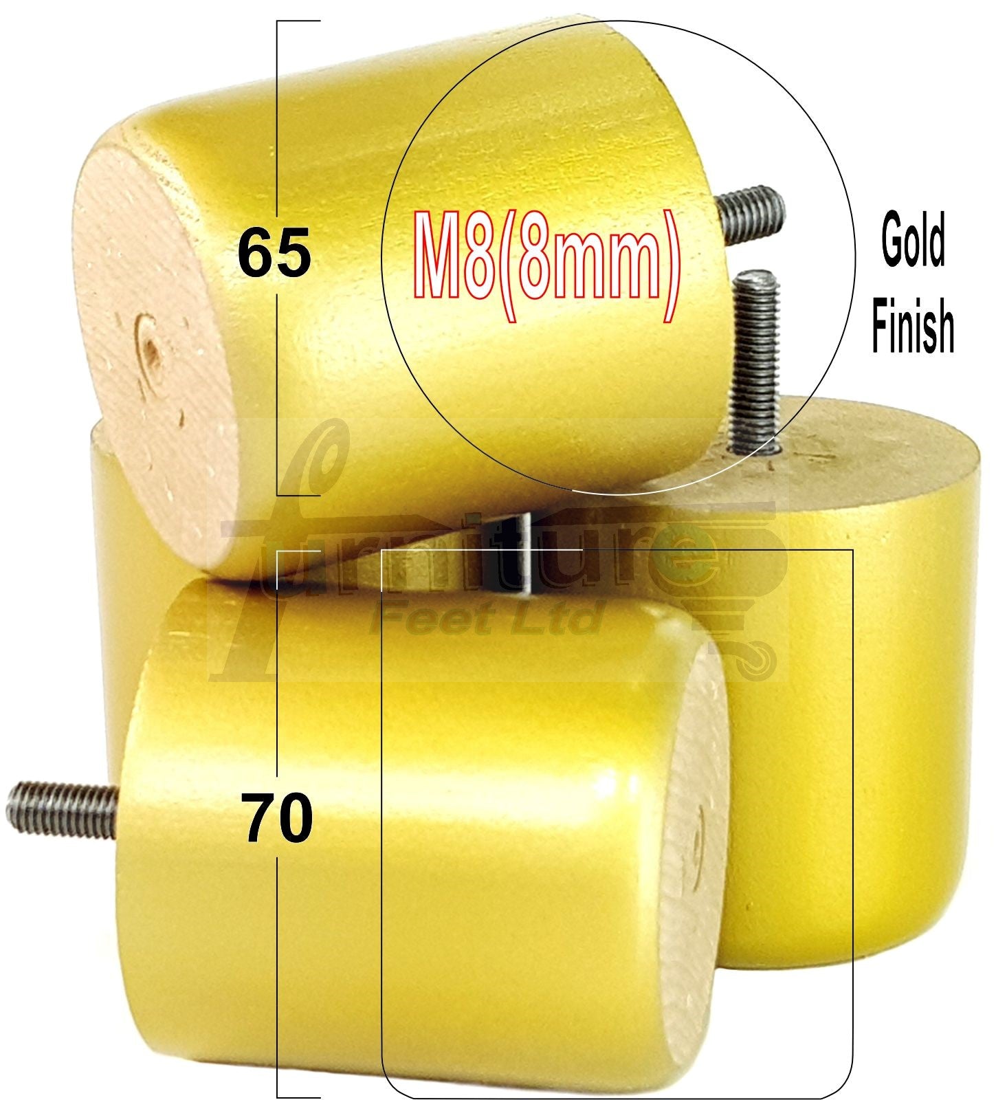 4x Solid Wood Turned Furniture Legs Replacement Bun Feet 70mm High 8mm Thread