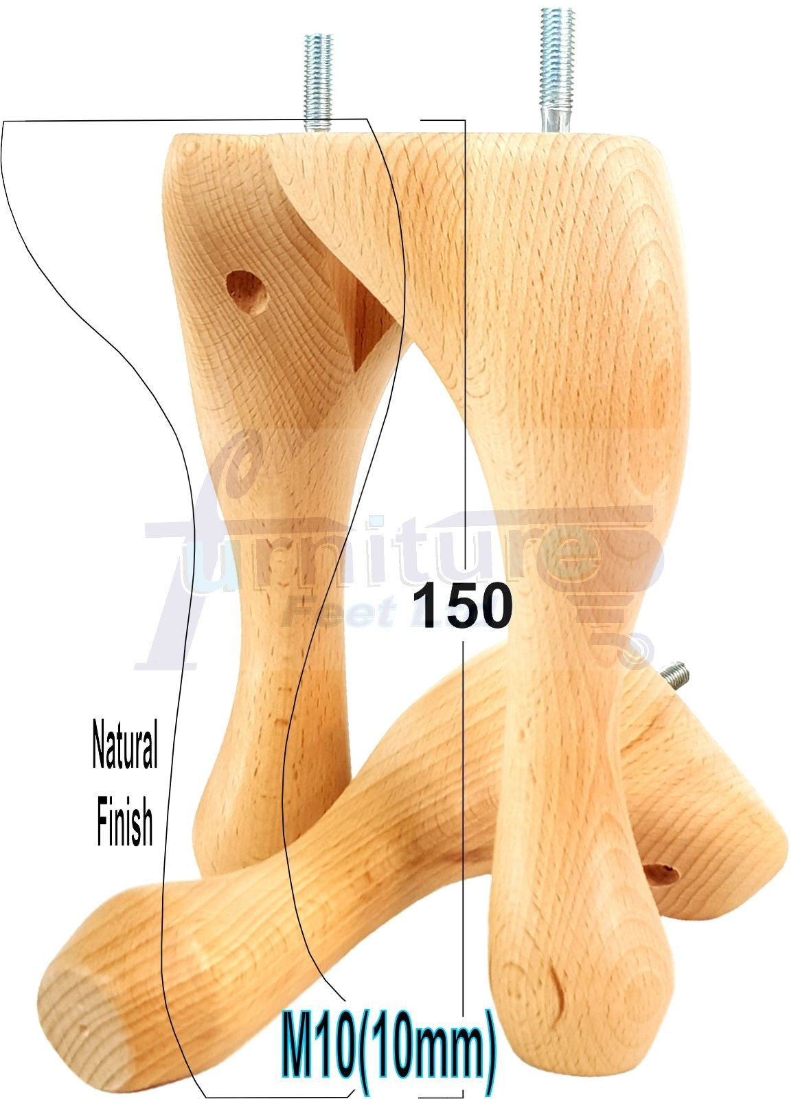 4 Solid Wood Furniture Feet 150mm High Queen Anne Replacement Legs Chairs Settees Beds Sofas M10 Thread