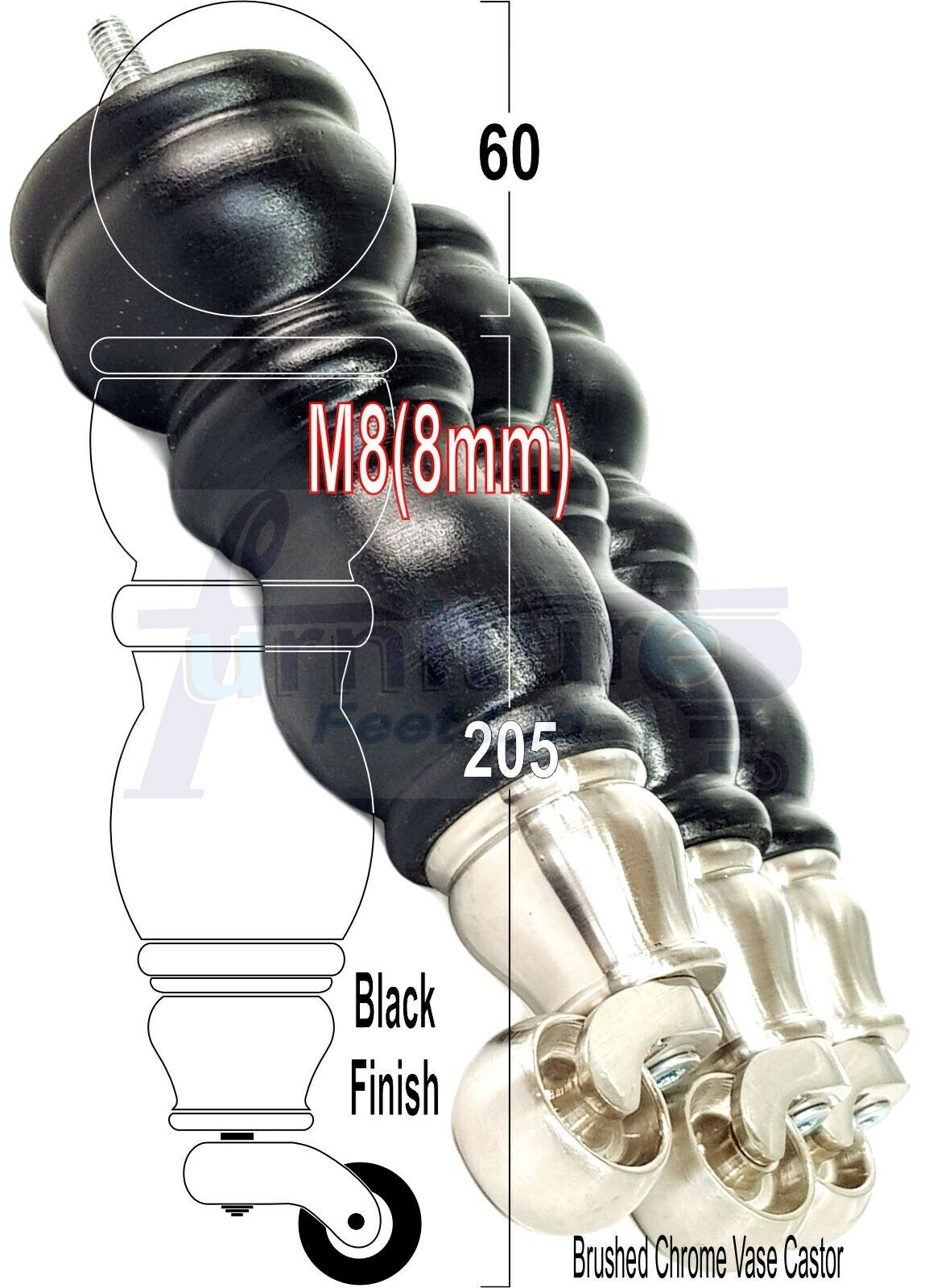 4x Furniture Feet With Castor 205mm High Legs Black Wood M8 Sofas Chairs Stools Cabinets 8 Inches Tall