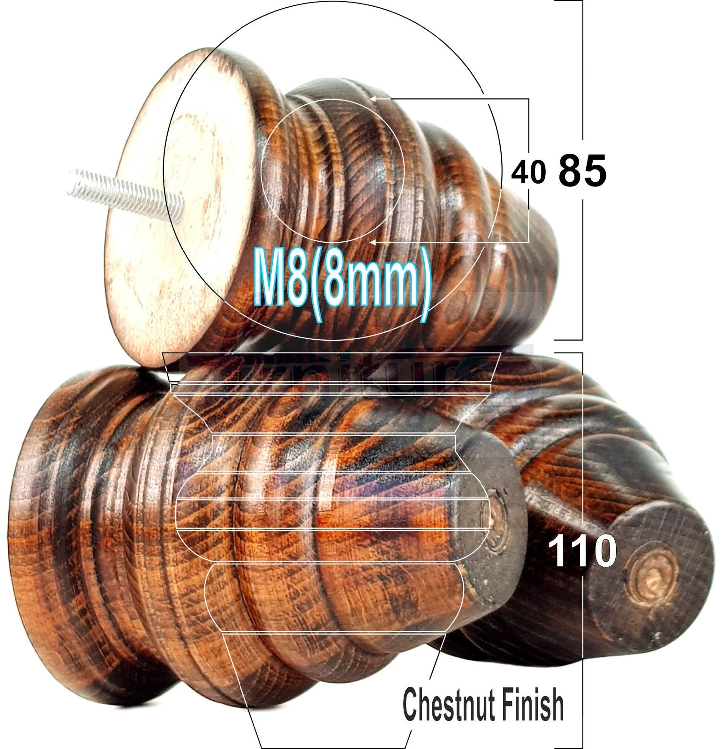 4x Turned Wood Furniture Legs Replacement Feet 110mm High Multiple Colours Chairs Stools Sofa's Beds Settee Cabinets M8