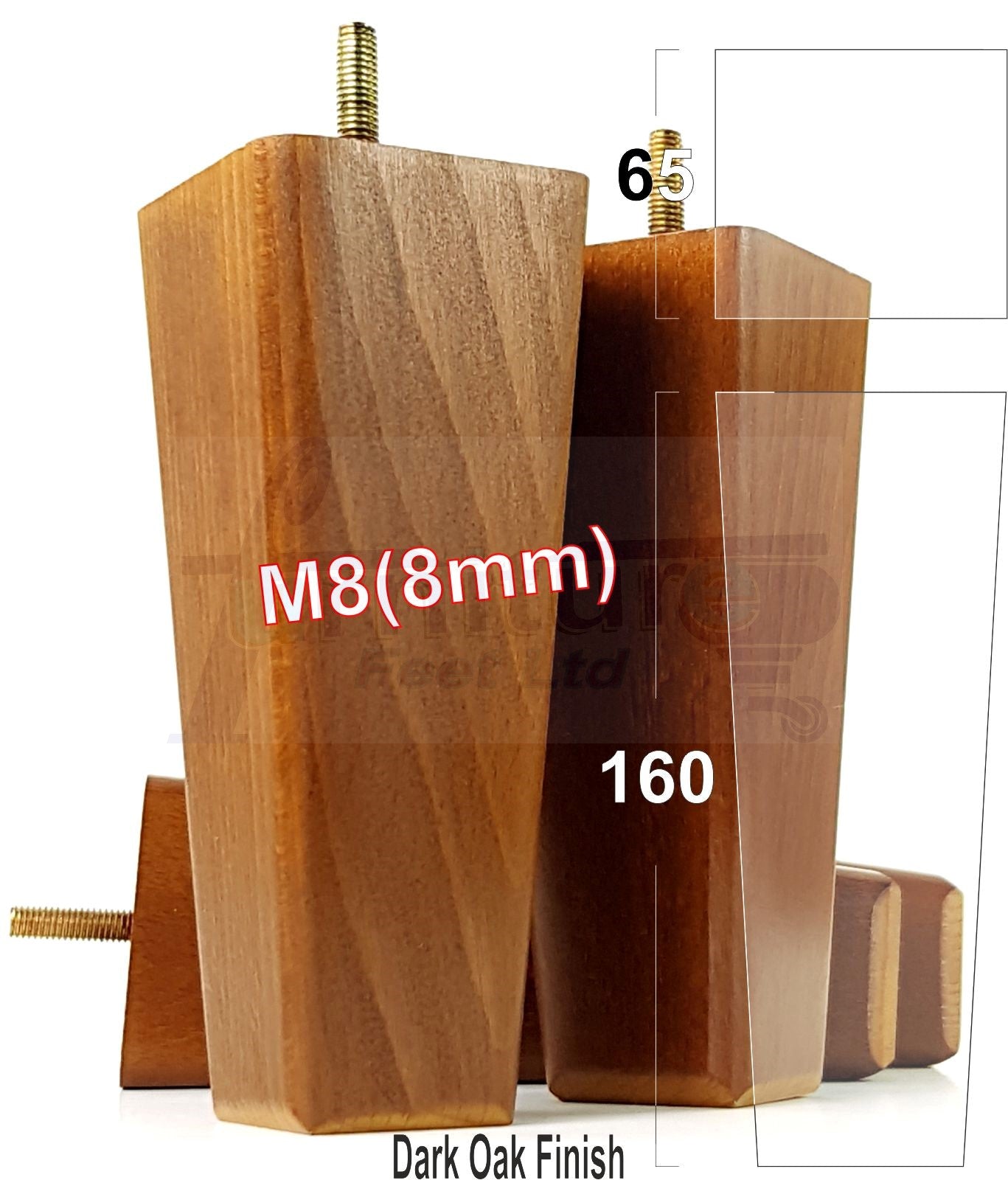 4x Wooden Furniture Legs 160mm High Replacement Square Tapered Feet 8mm