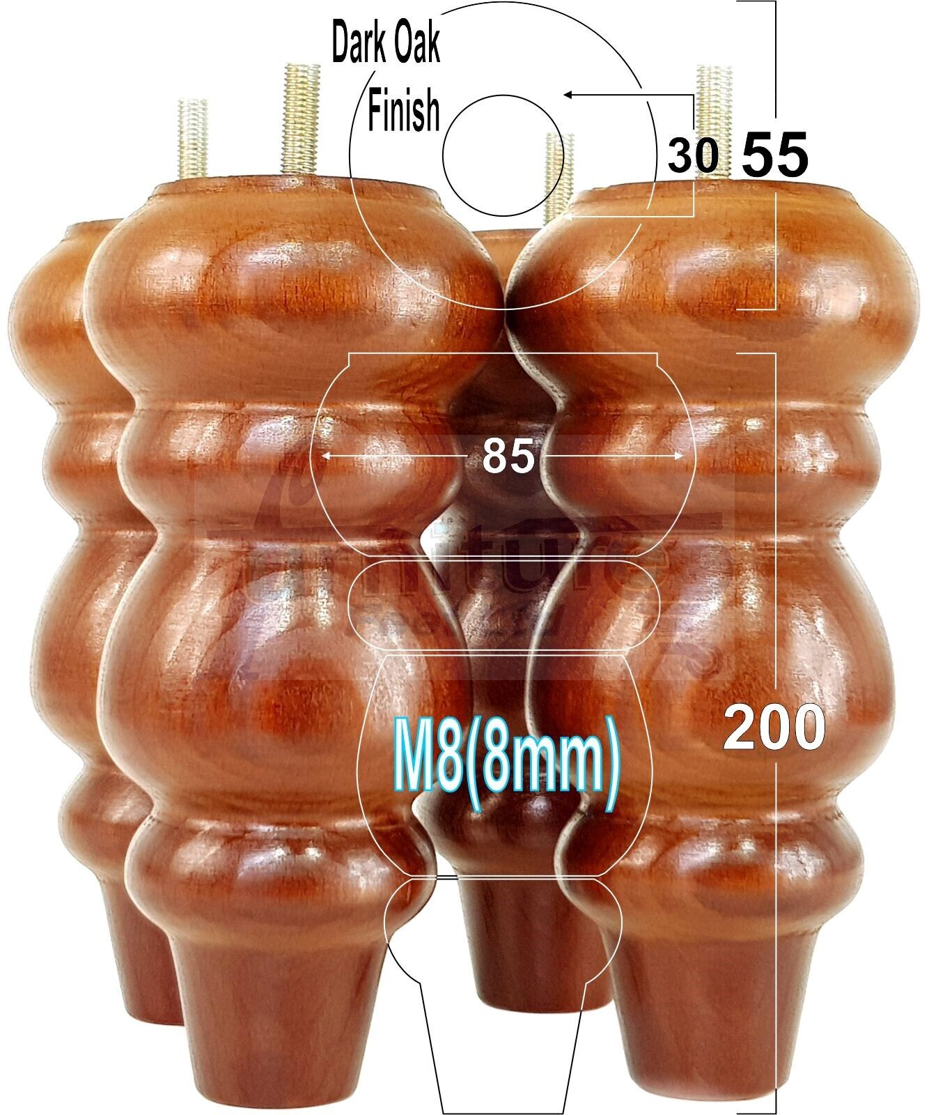 Solid Wood Furniture Feet Replacement Turned Legs 200mm High Chairs Stools Sofa's Beds Settee Cabinets M8 Various Colours Set of 4