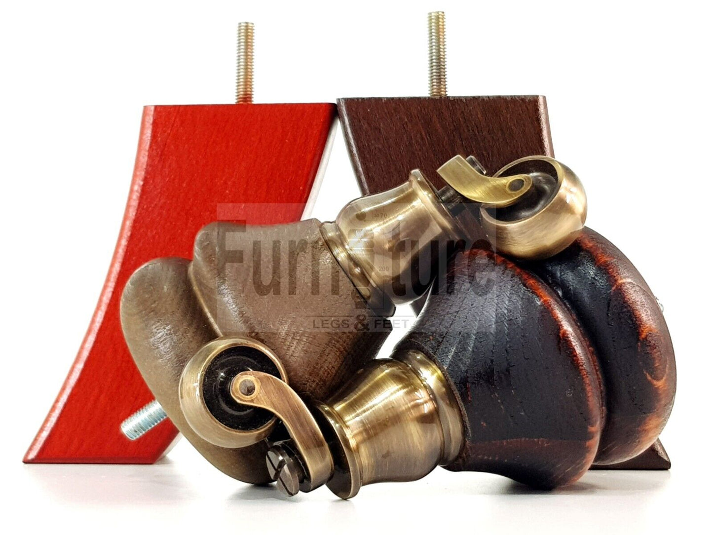 Turned Wood Furniture Feet 2 With Antique Brass Castors 140mm & 2 Curved Back Legs Sofas Chairs Beds 8mm