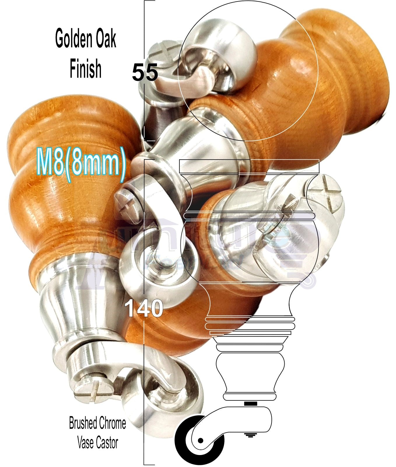 Set Of 4 Turned Wood Furniture Legs With Brushed Chrome Castor 140mm High M8(8mm) For Chairs Settees & Cabinets