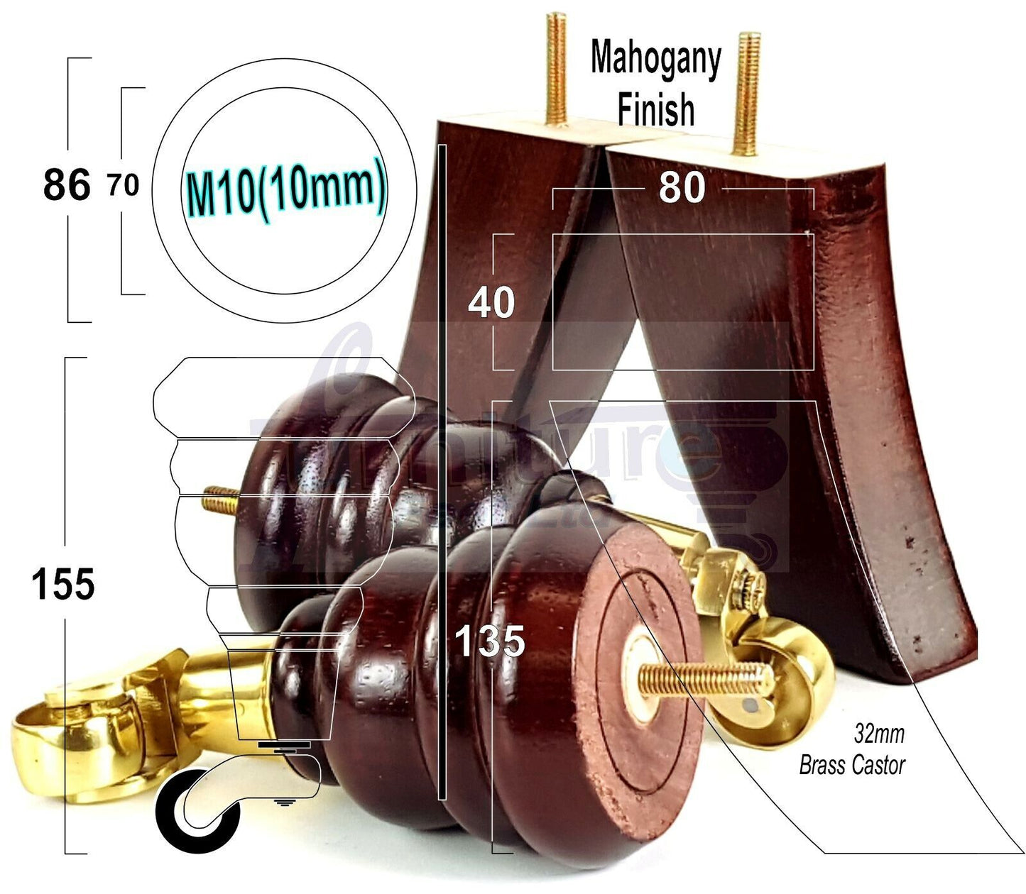 2 Replacement Wood Furniture Legs With Castors & 2 Curved Feet Mahogany 155mm Chair Sofa Stool M10