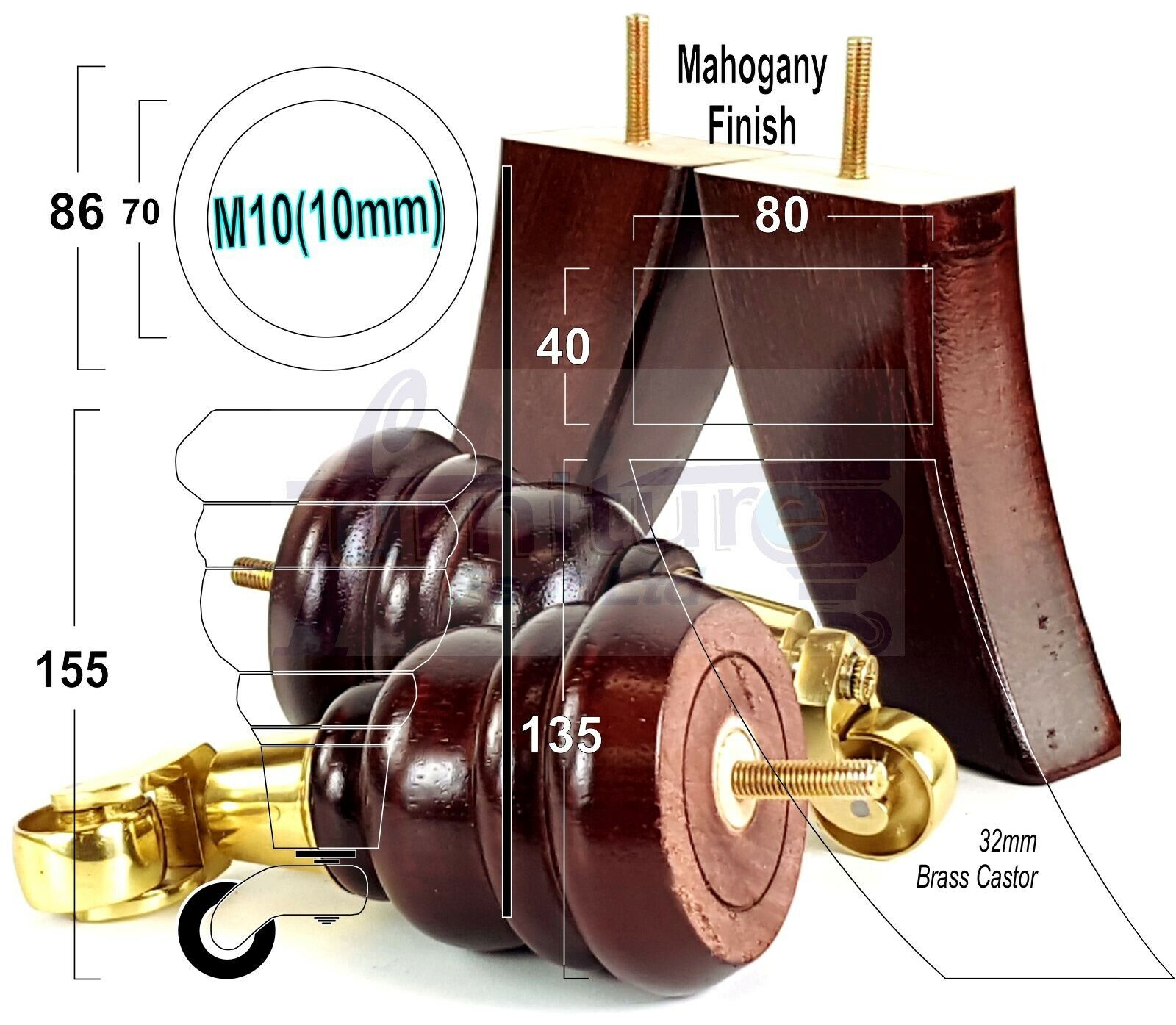 2 Replacement Wood Furniture Legs With Castors & 2 Curved Feet Mahogany 155mm Chair Sofa Stool M10