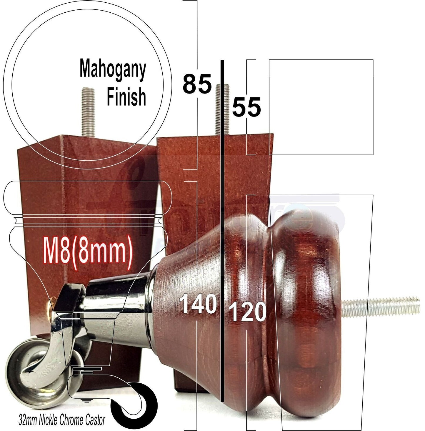 Turned Wood Furniture Feet 2 With Castors 140mm & 2 Curved Back Legs Sofas Chairs Cabinets Beds M8