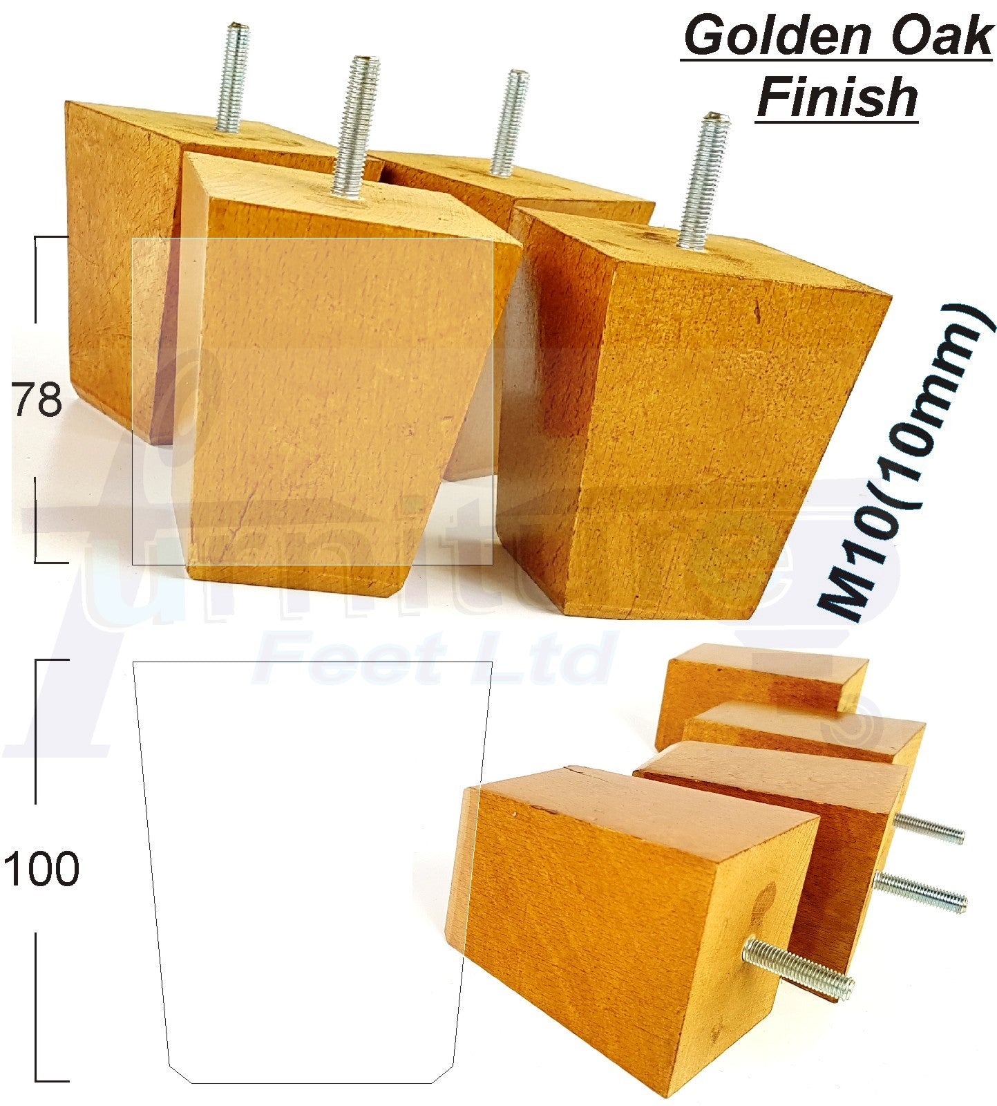 Set Of 4 Square Block Solid Wood Furniture Feet Replacement Legs 100mm High M10 Thread
