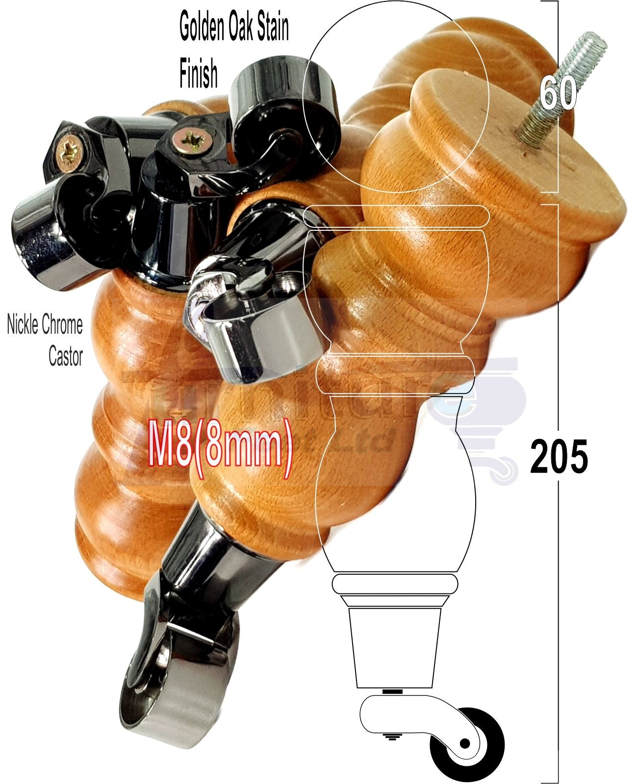 Solid Wood Furniture Feet With Castors Set of 4 Legs 205mm High For Sofas Chairs Stools Cabinets & Beds M8