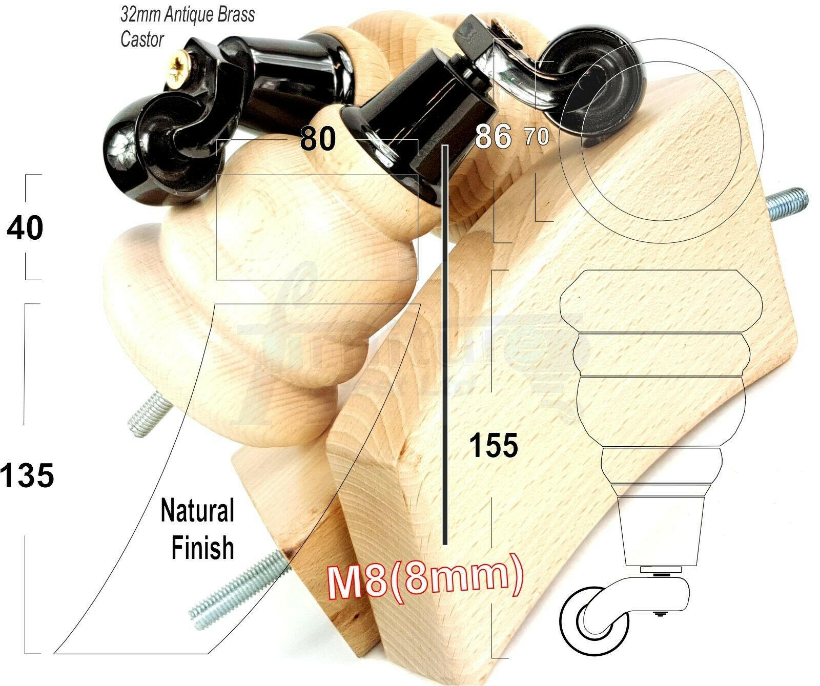 Turned Natural Wood Furniture Feet 2 With Castors 155mm and 2 Curved Back Legs Sofas Chairs Stools Cabinets Beds M8 6 Inches