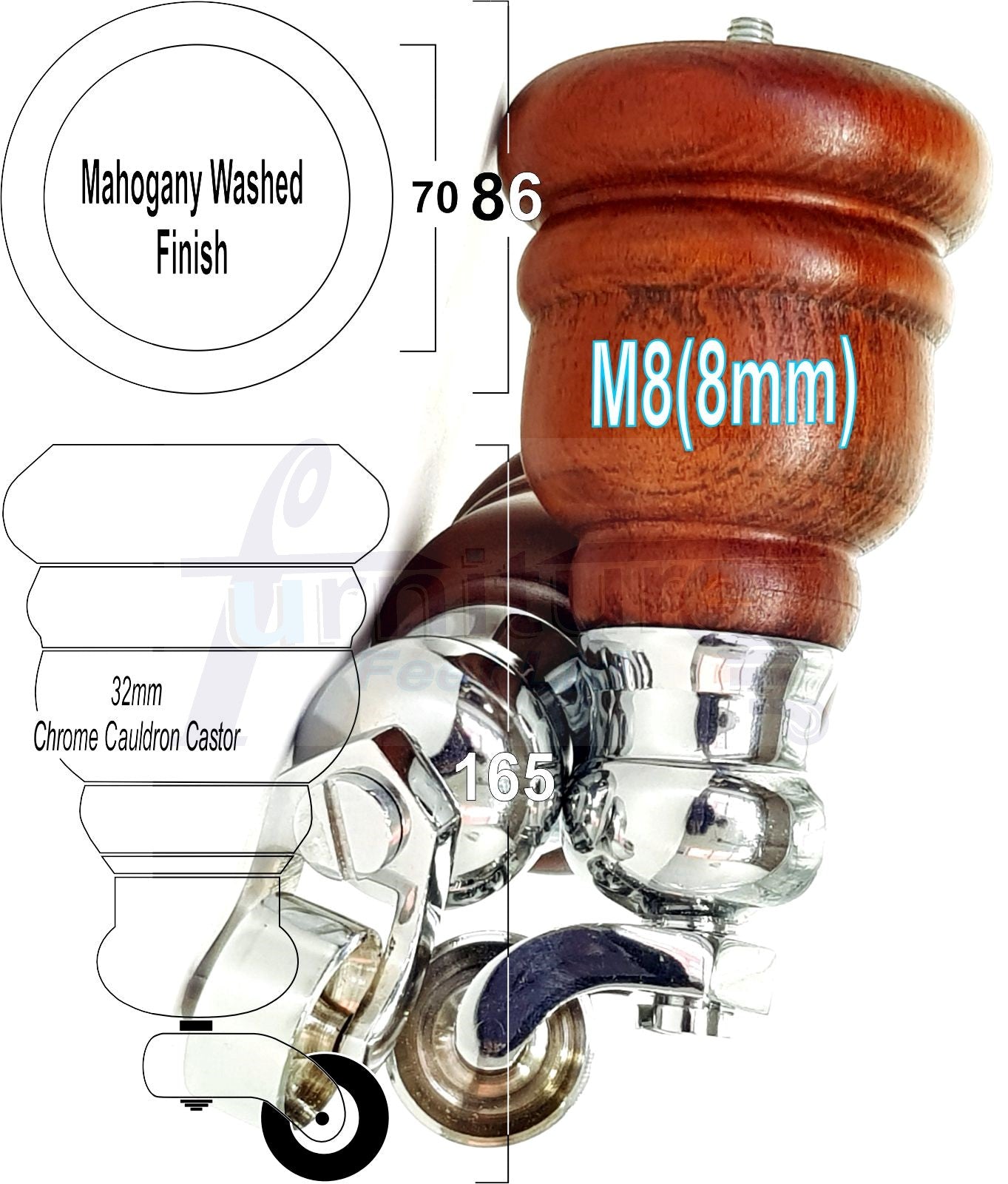 4 Turned Wood Furniture Feet With Chrome Cauldron Castors 155mm Legs Sofas Chairs Stools Cabinets Beds M8 6 Inches