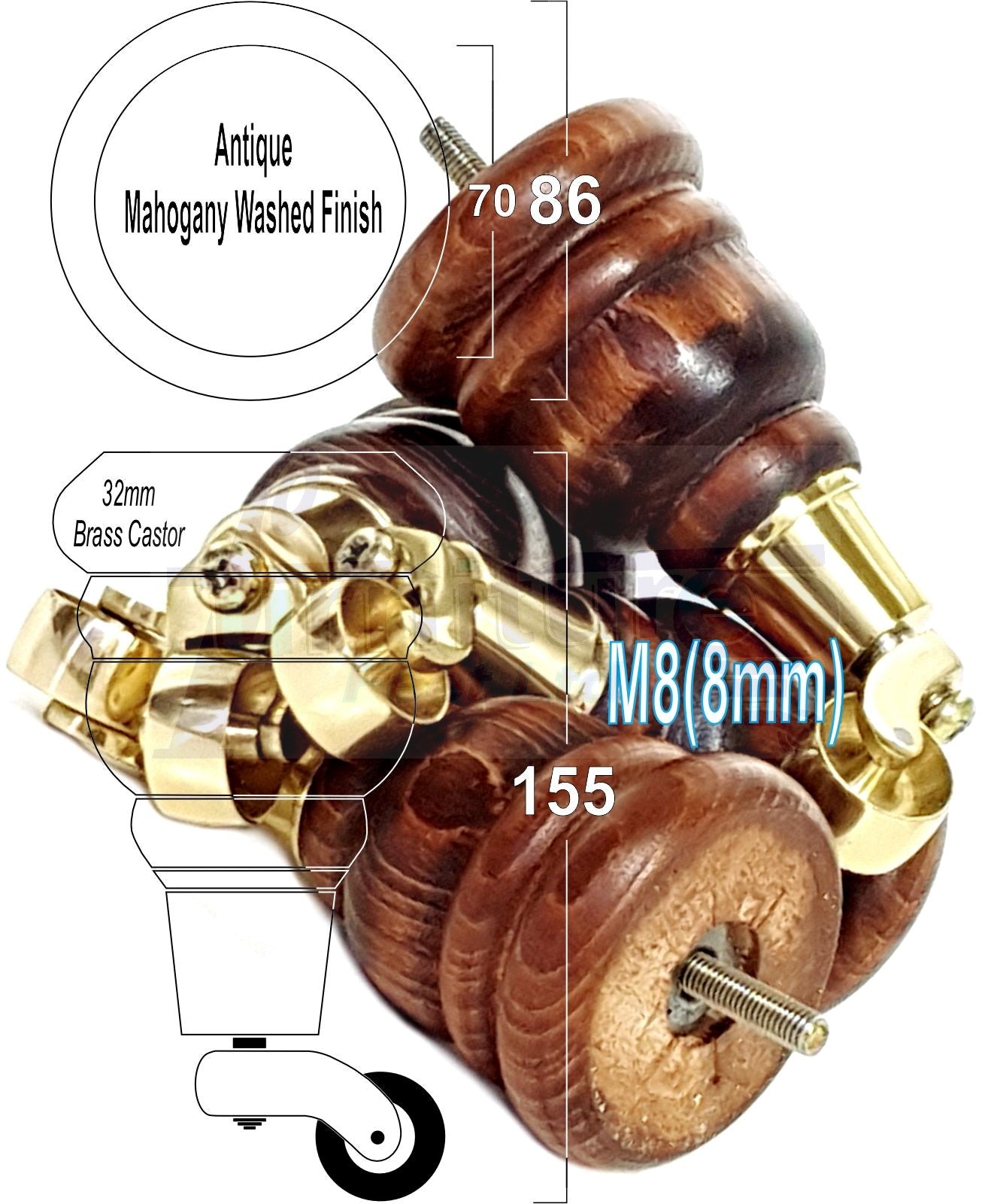 4 Turned Wood Furniture Feet With Brass Castors 155mm Legs Sofas Chairs Stools Cabinets Beds M8 6 Inches