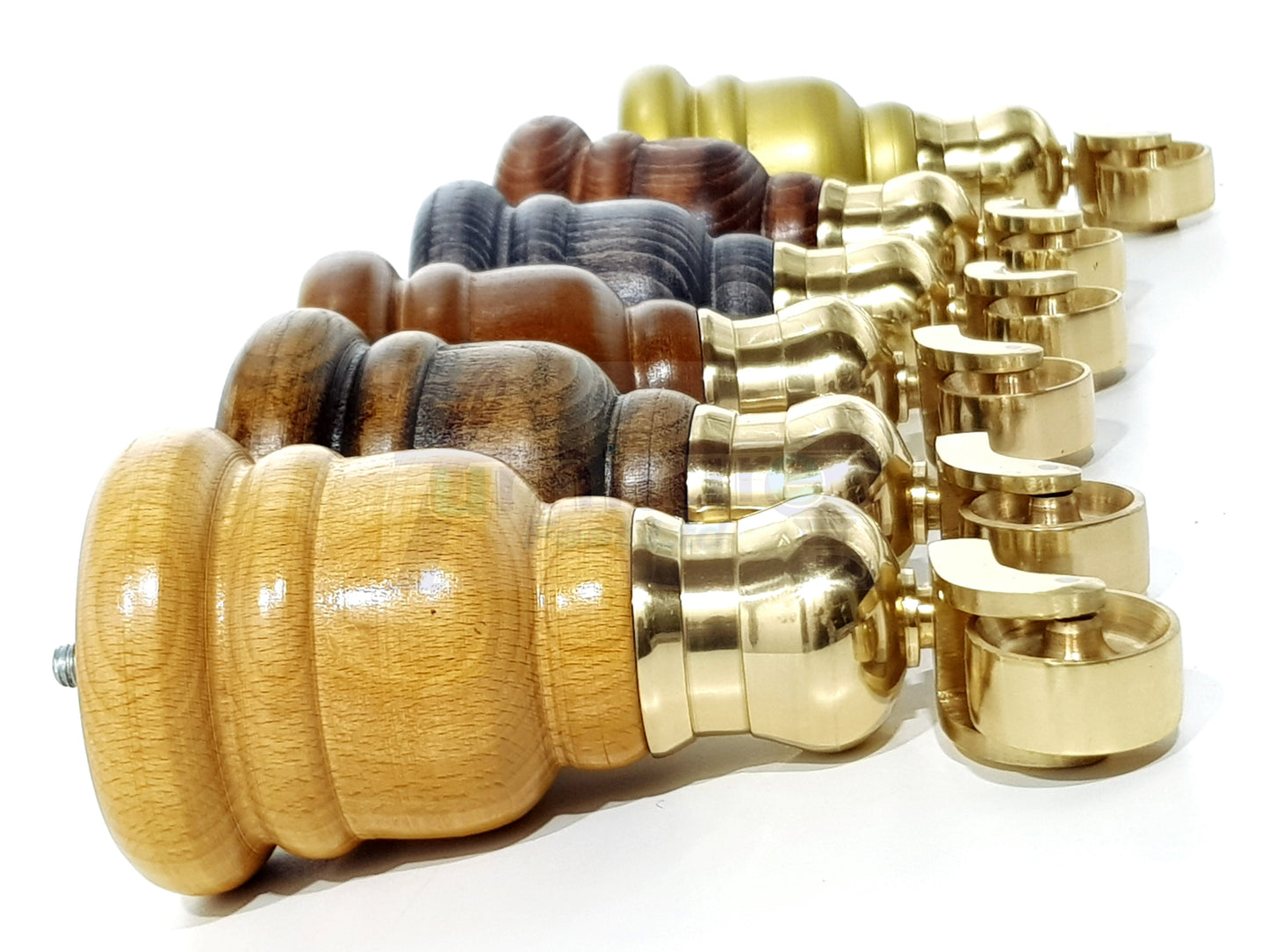 4 Turned Wood Furniture Feet With Brass Cauldron Castors 160mm Legs Sofas Chairs Stools Cabinets Beds M8 6 Inches