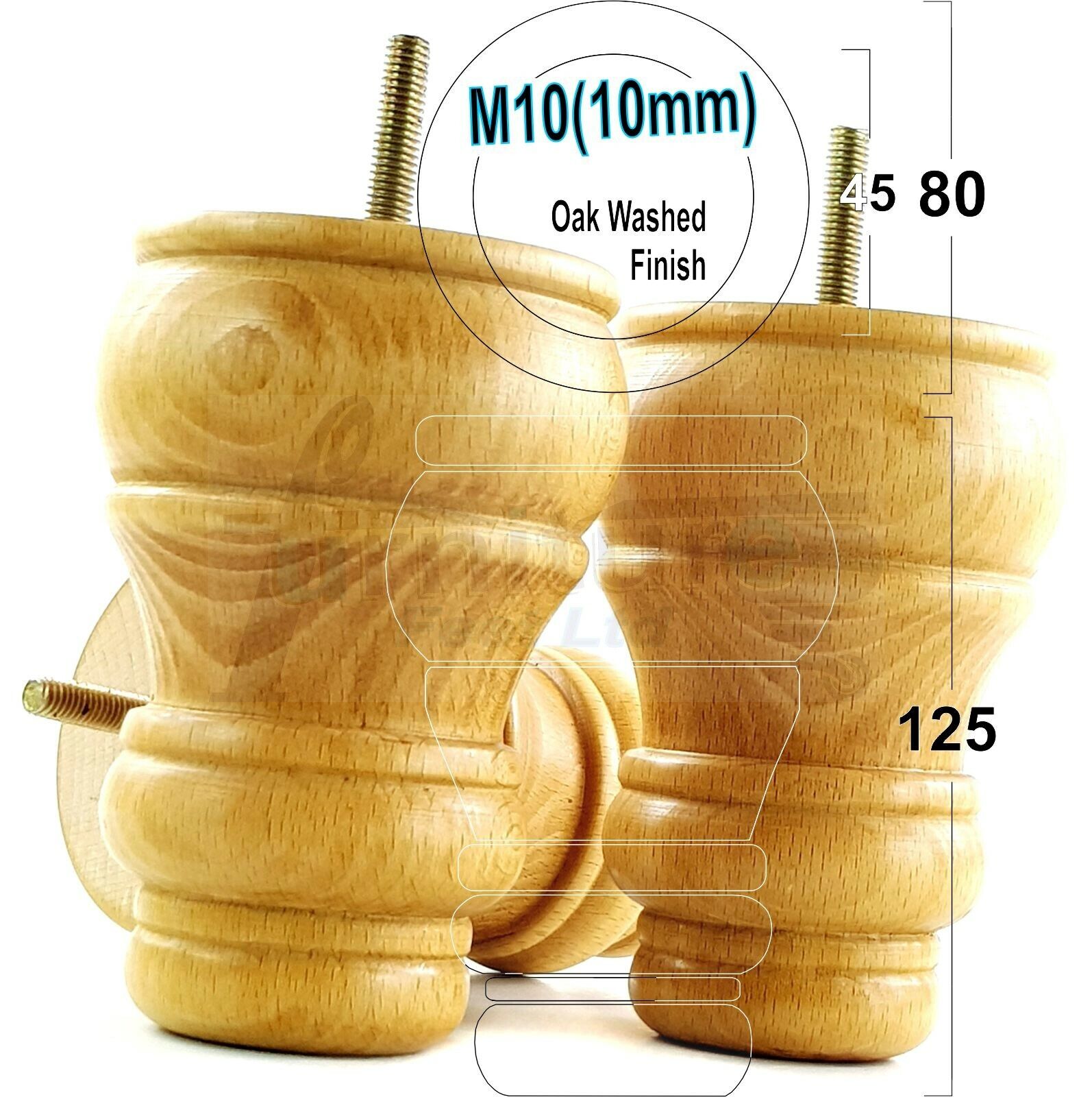 4 Turned Wood Furniture Legs M10 Thread Replacement Feet 125mm High Sofa Chairs Beds