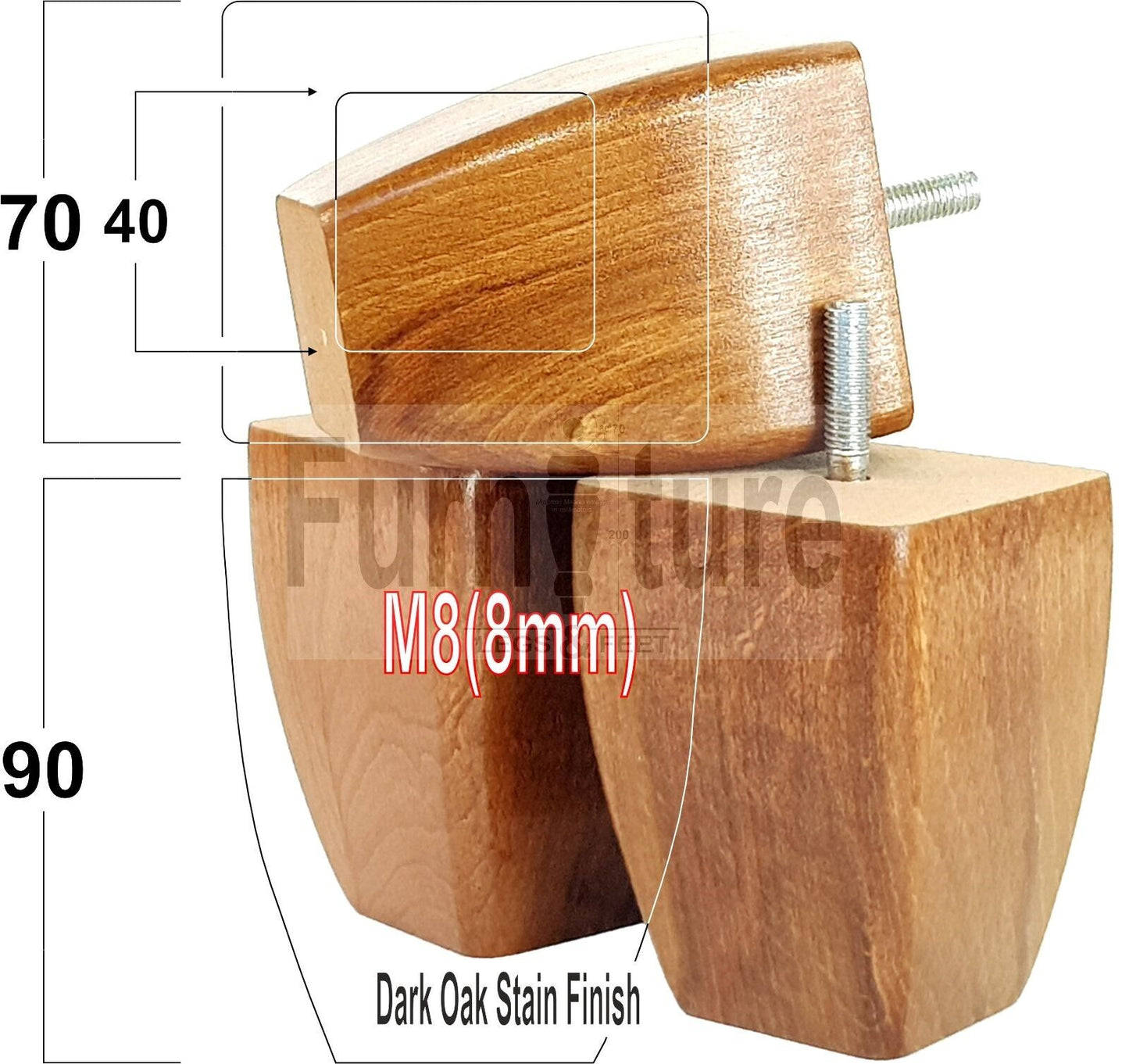 Set Of 4 Solid Wooden Block Furniture Feet Replacement Legs 90mm High M8(8mm)