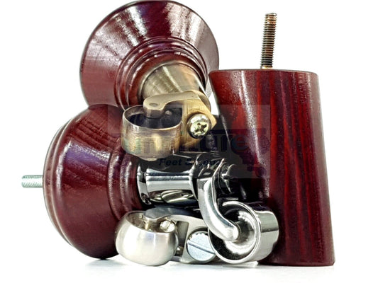 2 Mahogany Wood Furniture Sofa Legs With Castor 125mm & 2 Angled Back Feet Chair Settee 100mm High M8